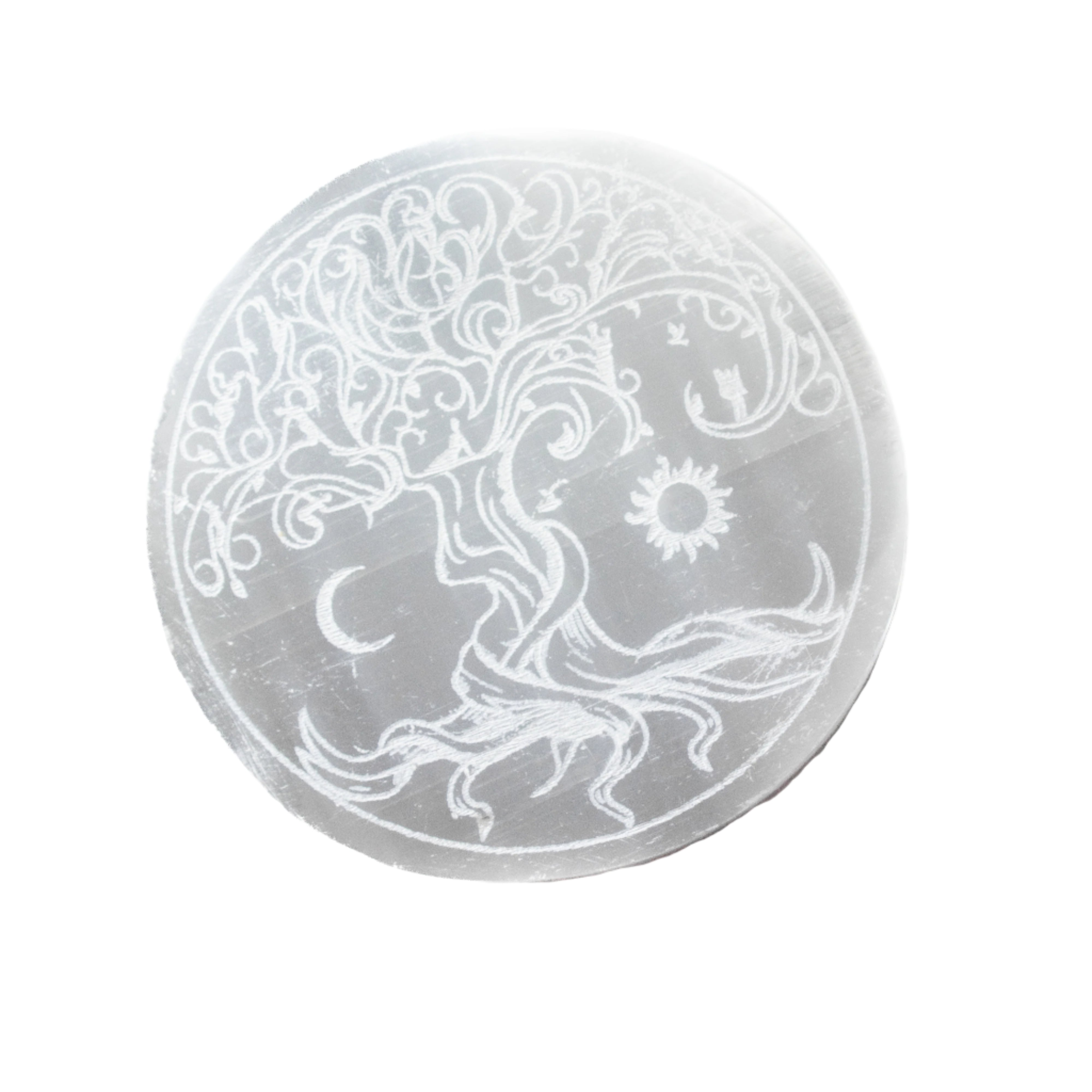 Selenite Engraved Round Tree of Life Charging Plate, 3" Inch, 1 Piece