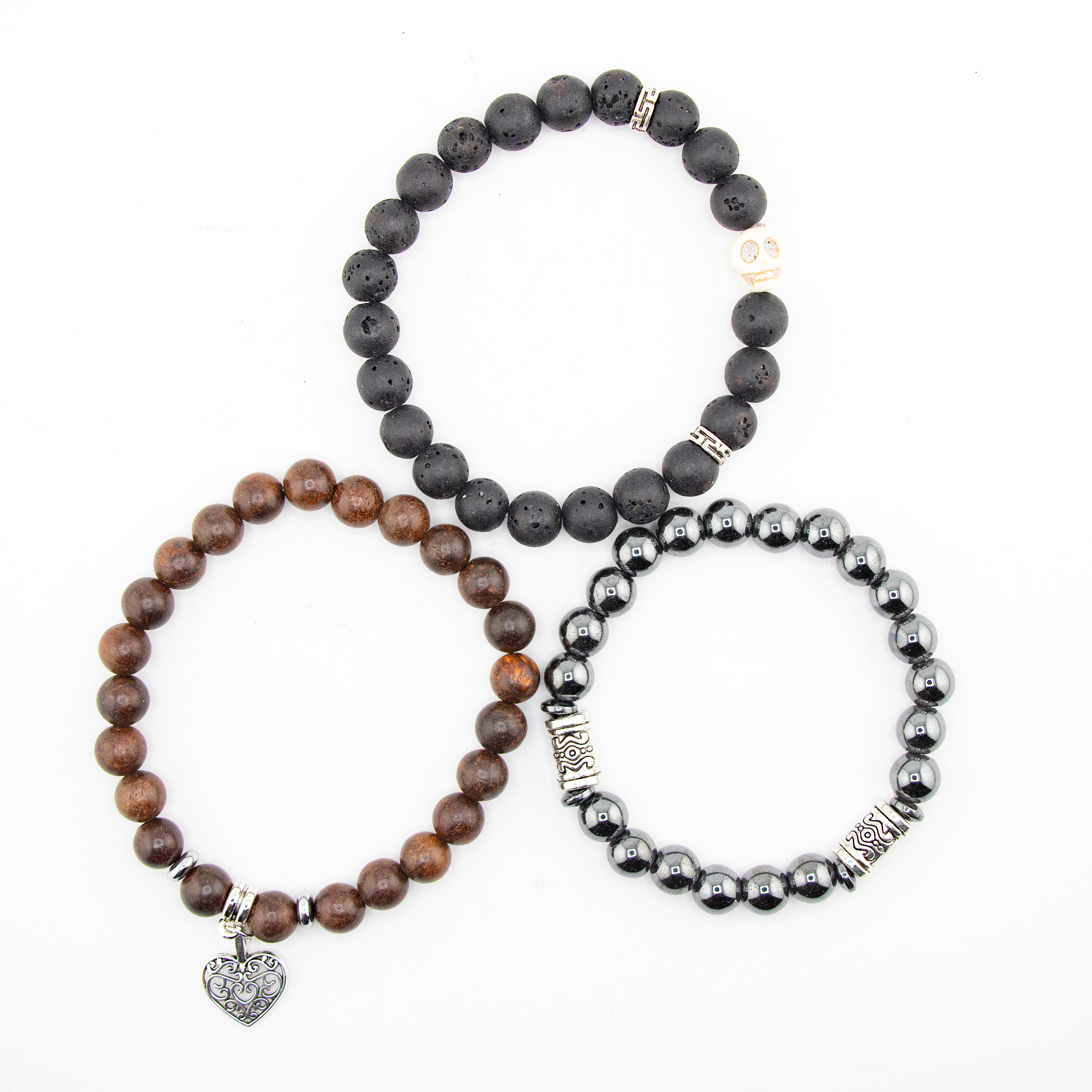 Lava Stone & Hematite & Coconut Set Bracelet, 8mm, 5 Sets in a Pack