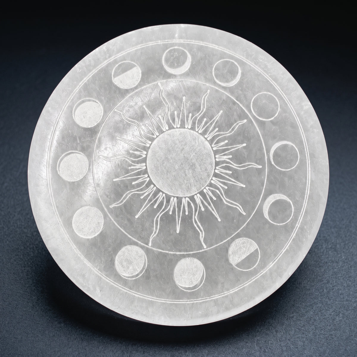 Selenite Engraved Round Moon Phases Charging Plate, 5.5" Inch, 1 Piece