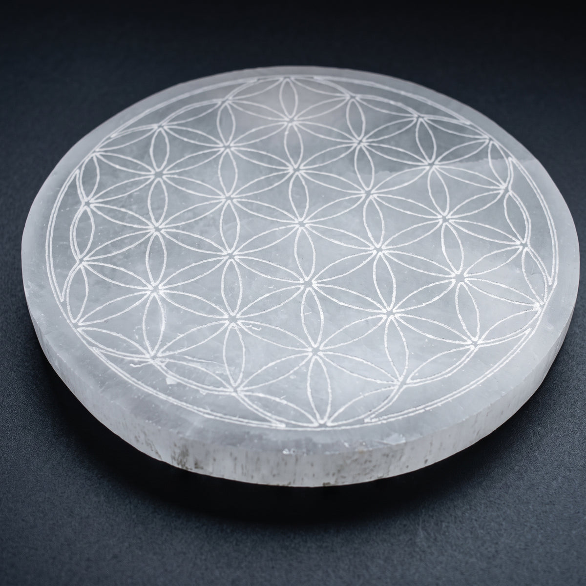 Selenite Engraved Round Flower of Life Charging Plate, 5.5" Inch, 1 Piece