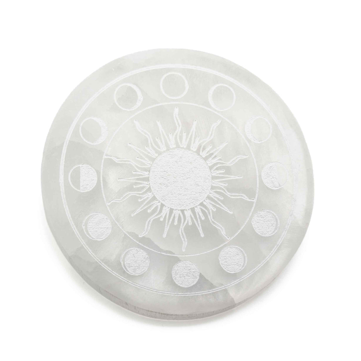 Selenite Engraved Round Moon Phases Charging Plate, 5.5" Inch, 1 Piece