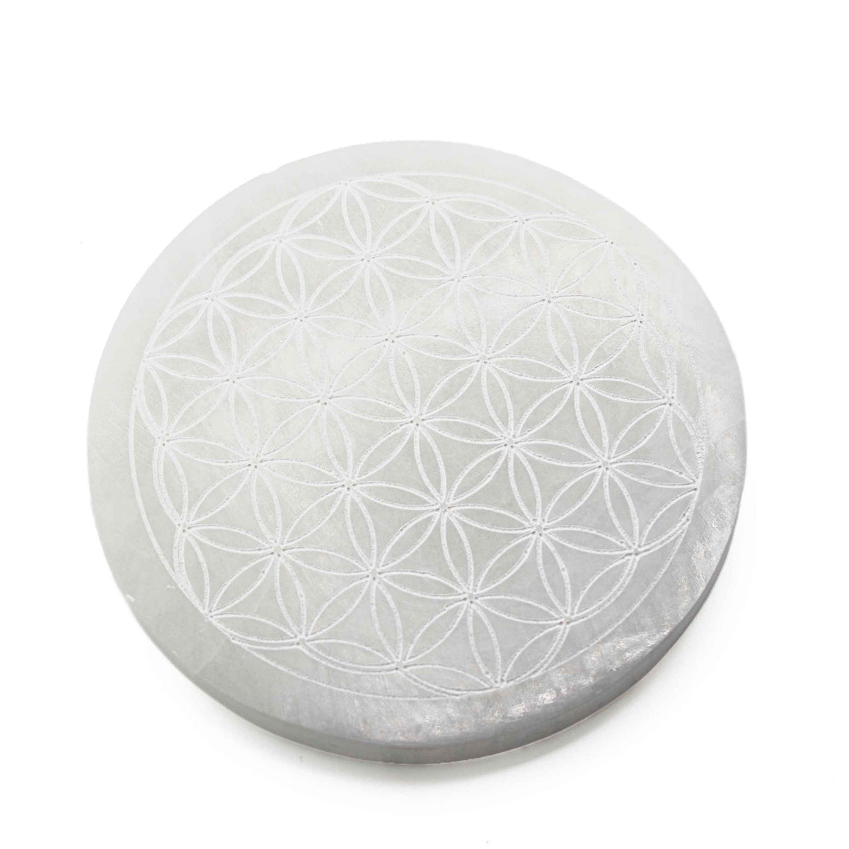 Selenite Engraved Round Flower of Life Charging Plate, 5.5" Inch, 1 Piece