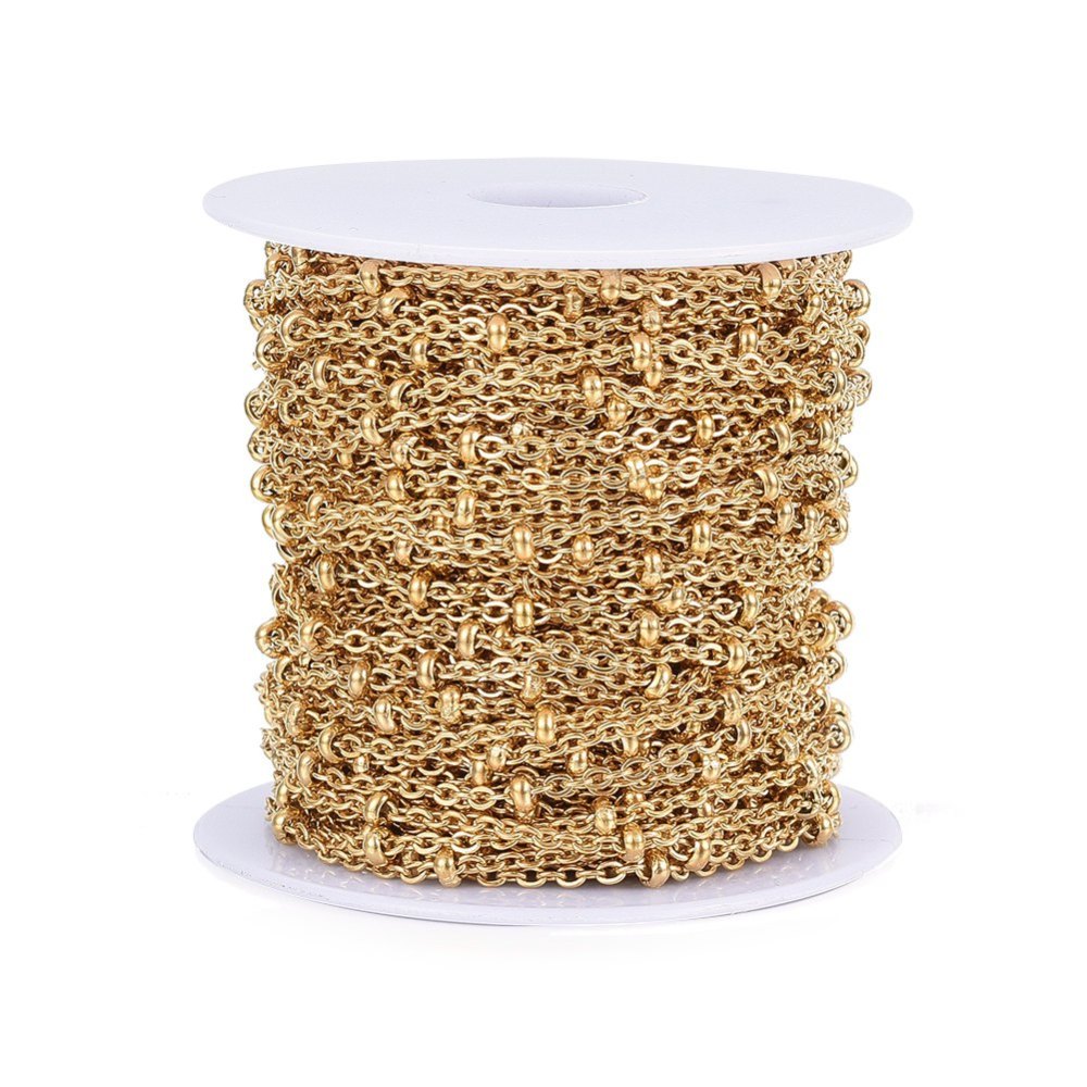 304 Stainless Steel Cable Chains, Gold Plated, 2.3x1.5mm, Beads: 2mm wide