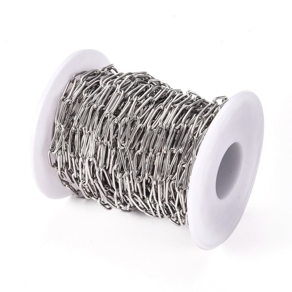 Tarnish Resistant 304 Stainless Steel Paperclip Chains, 12x4x1mm, 32.8 Feet/roll
