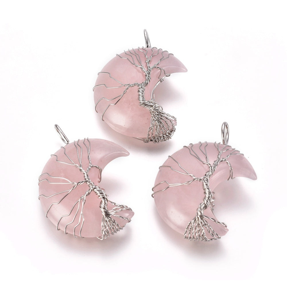 Silver Wrapped Rose Quartz Moon Shaped Pendants, 5 Pieces in a Pack