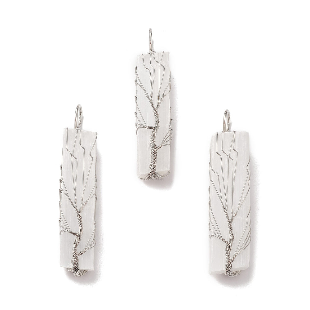 Wire Wrapped Selenite Tree Pendants, 5 Pieces in a Pack