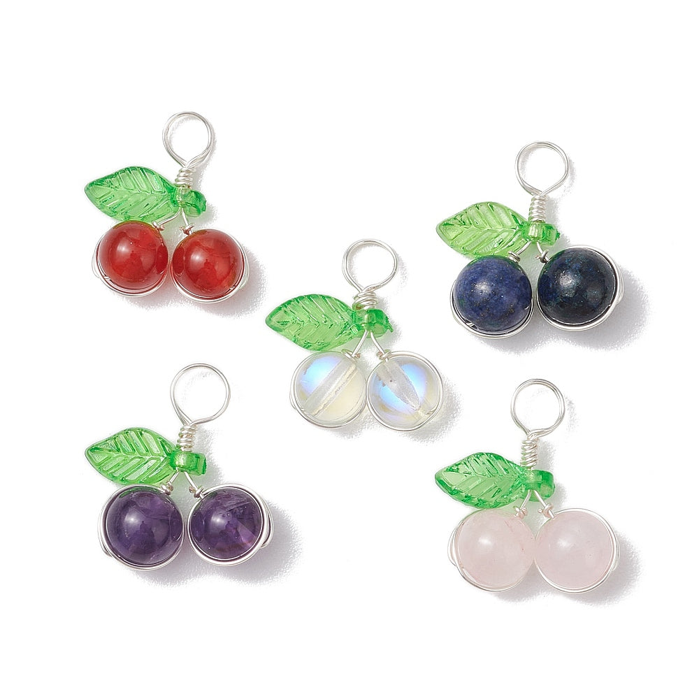 Silver Wrapped Beaded Cherry Pendants, 5 Pieces in a Pack