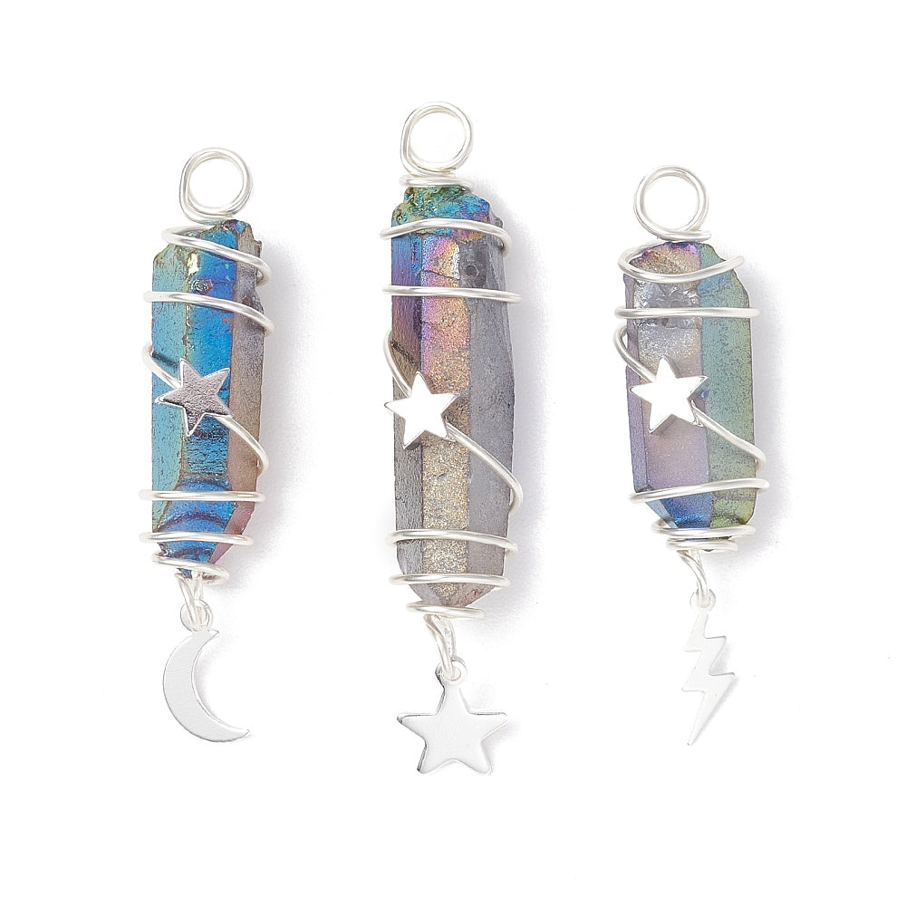 Silver Wrapped Titanium Quartz Pendants with Charms, 5 Pieces in a Pack