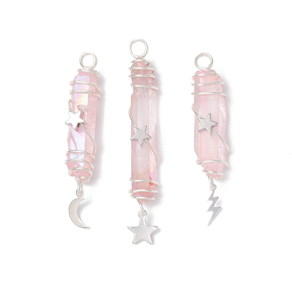 Silver Wrapped Pink Aurora Quartz Pendants with Charms, 5 Pieces in a Pack