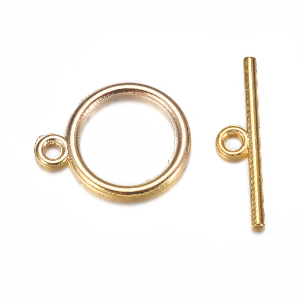 Tibetan Style Toggle Clasps, Golden, Flat Round: 15x2mm, Hole: 2mm, Bar: 21, 200 Pieces in a Pack