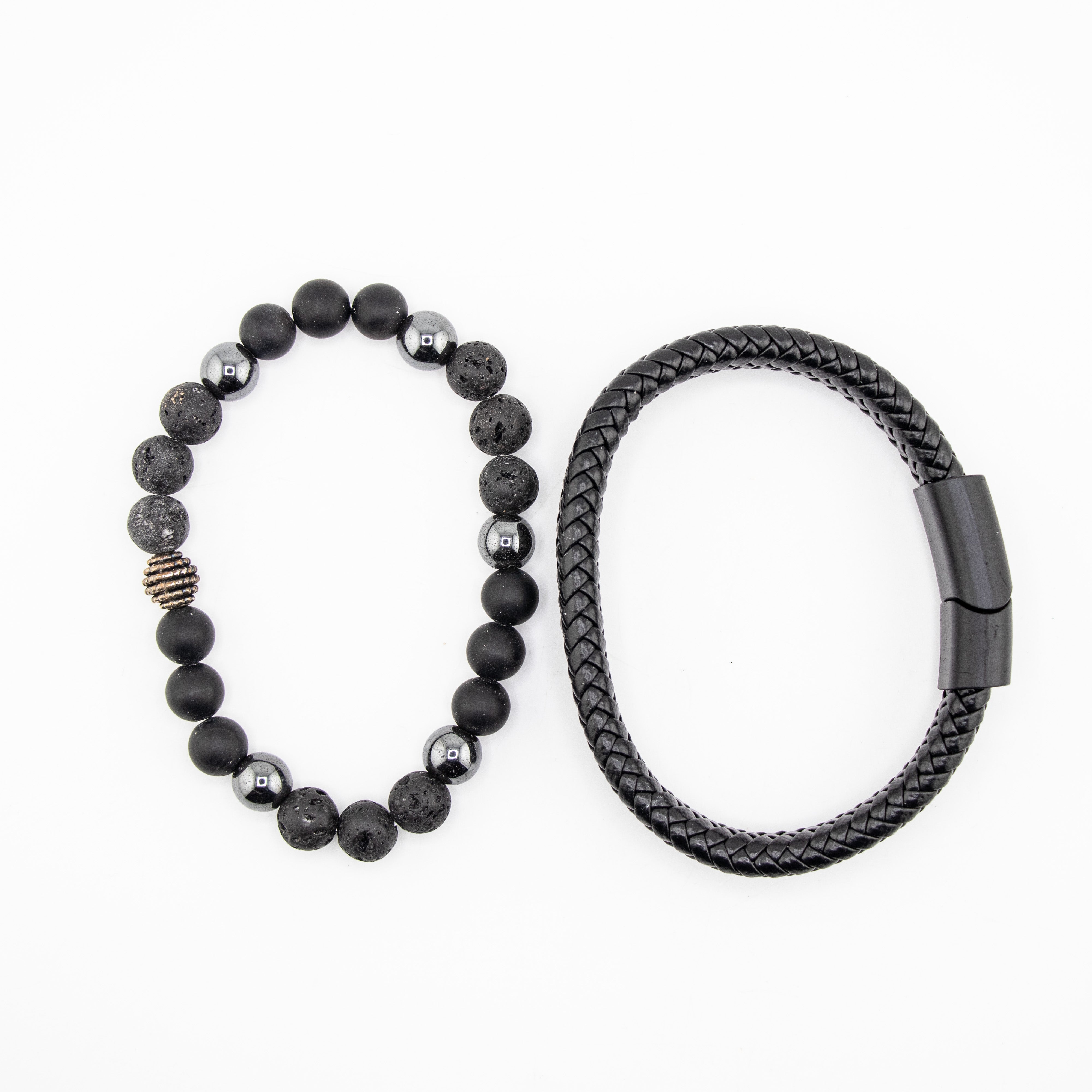Lava Stone & Woven Set Bracelet, 8mm, 5 Sets in a Pack