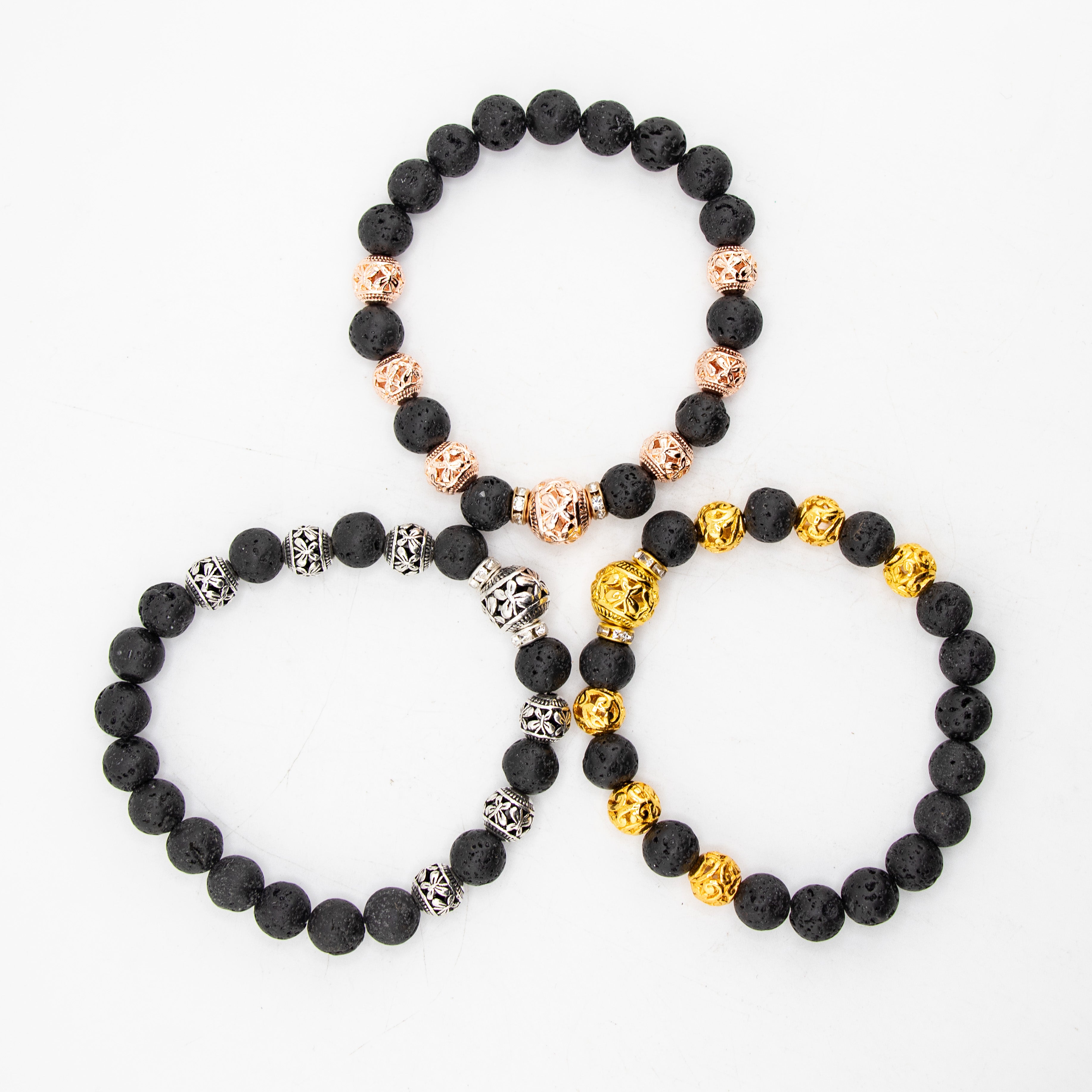 Lava Stone & Mix Alloy Bracelet, 8mm, 5 Pieces in a Pack