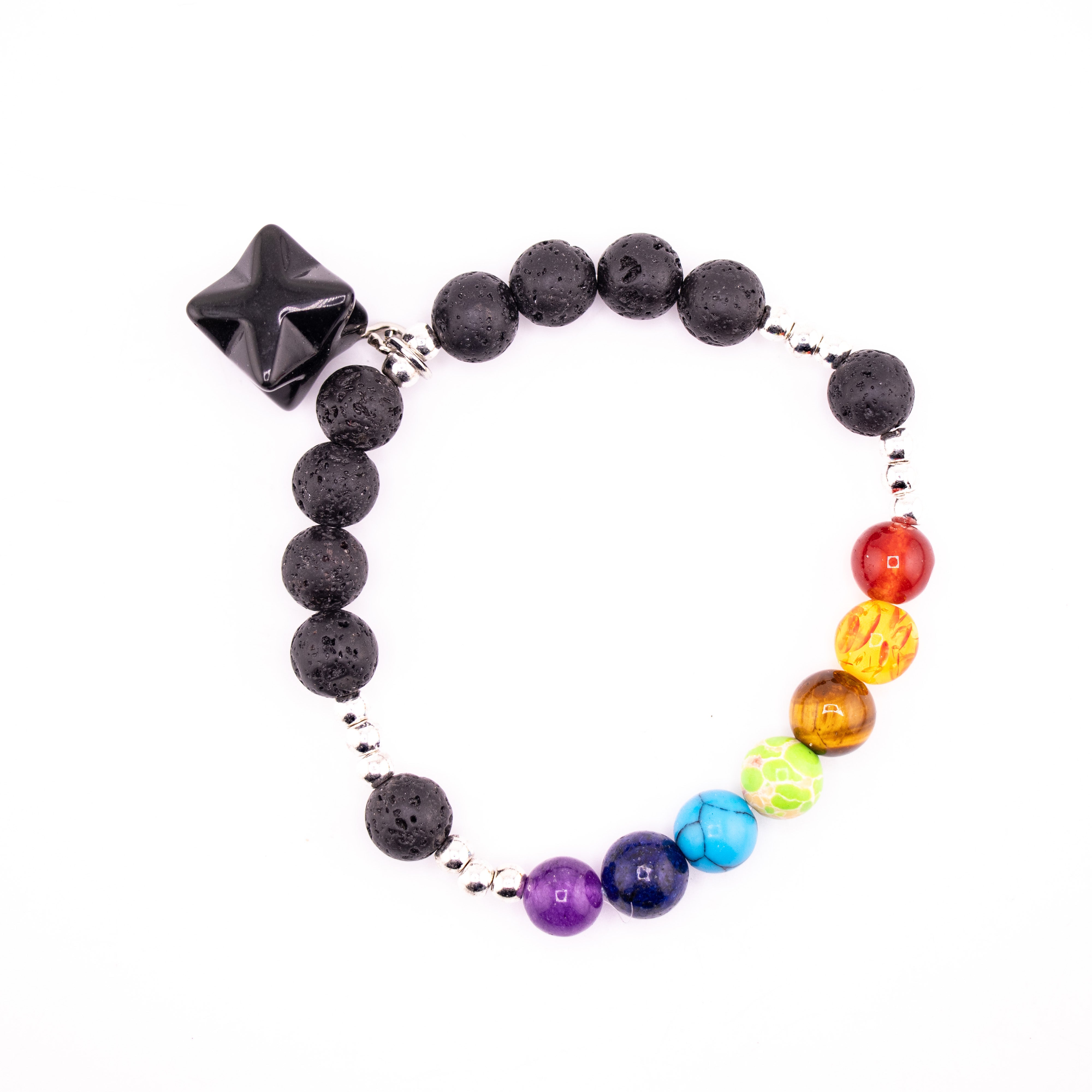 Lava Stone & Obsidian & Chakra Bracelet, 8mm, 5 Pieces in a Pack