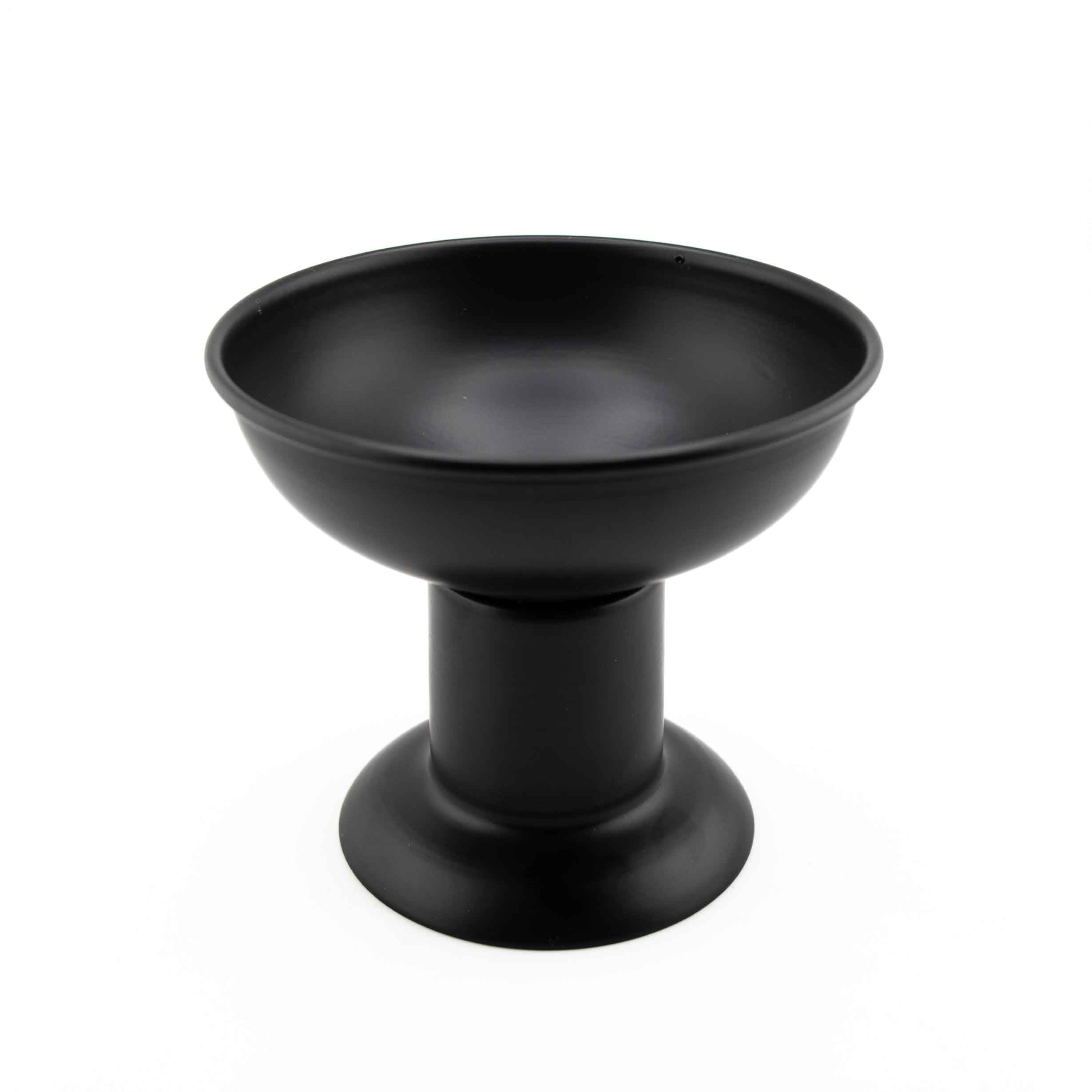 A matte black metal pedestal burner featuring a wide, shallow bowl on a sturdy cylindrical base for incense and smudging.