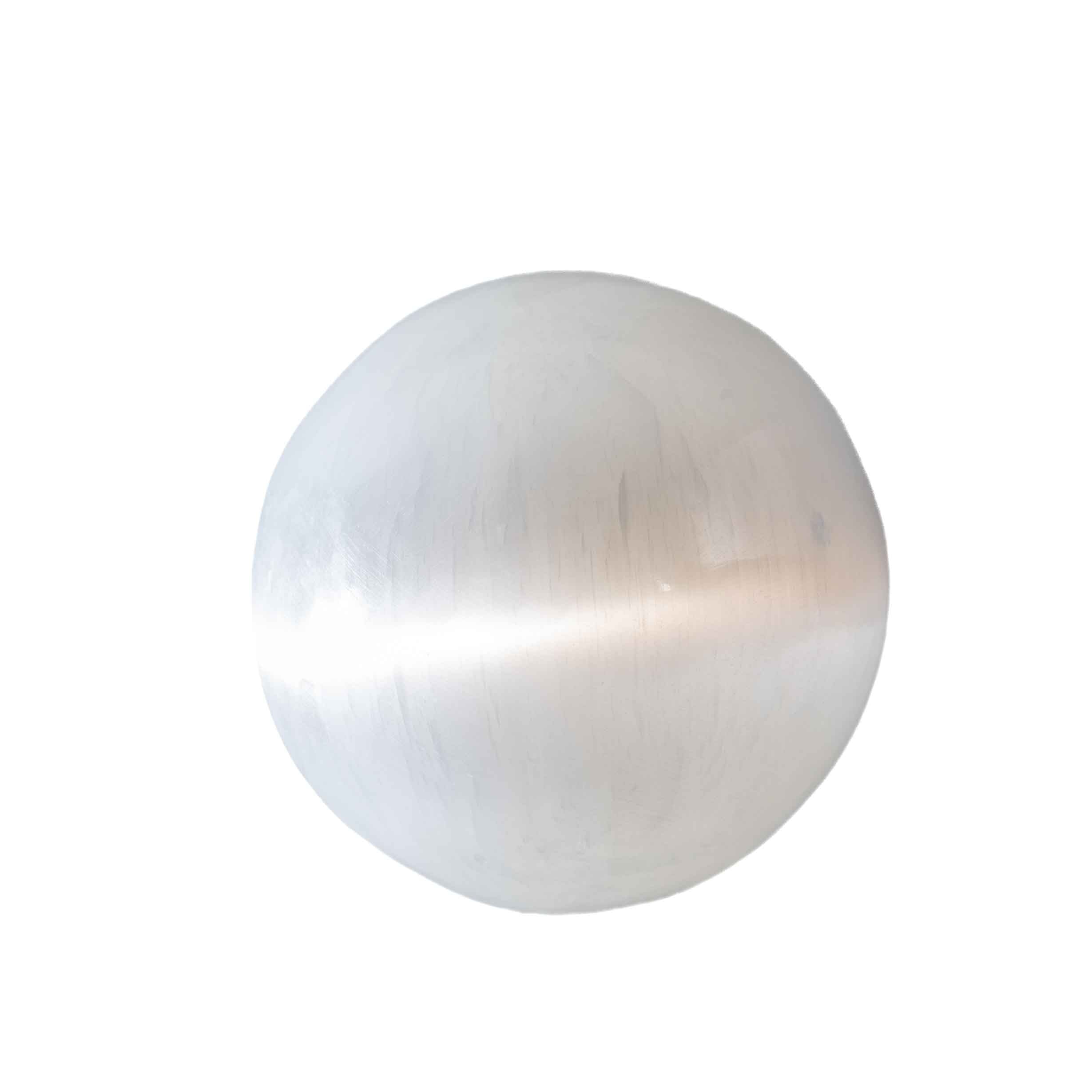 2.5-inch white selenite crystal sphere with polished finish and natural fibrous texture on white background.
