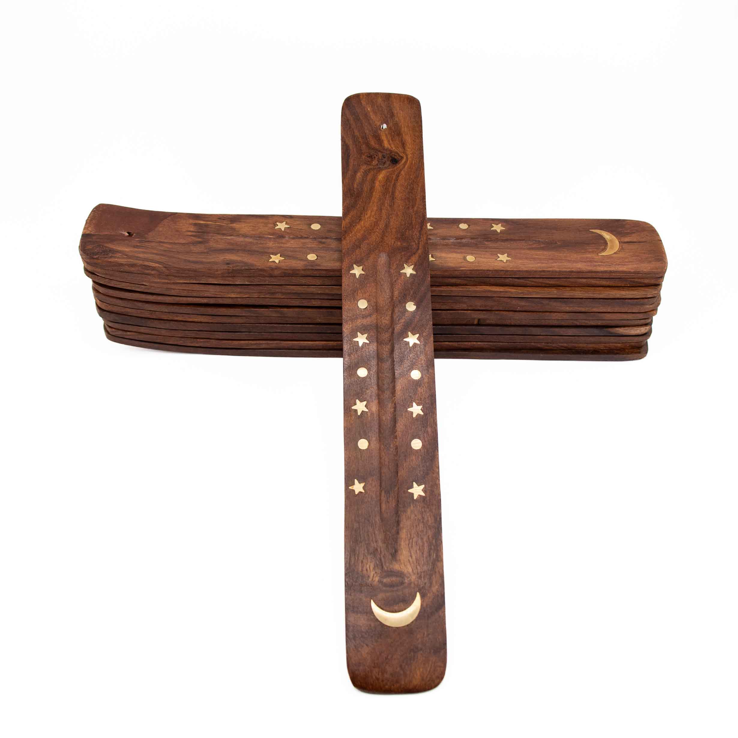 10" wooden boat incense stick burner with brass star and crescent moon inlay design, shown as single piece and stacked bundle on white background.