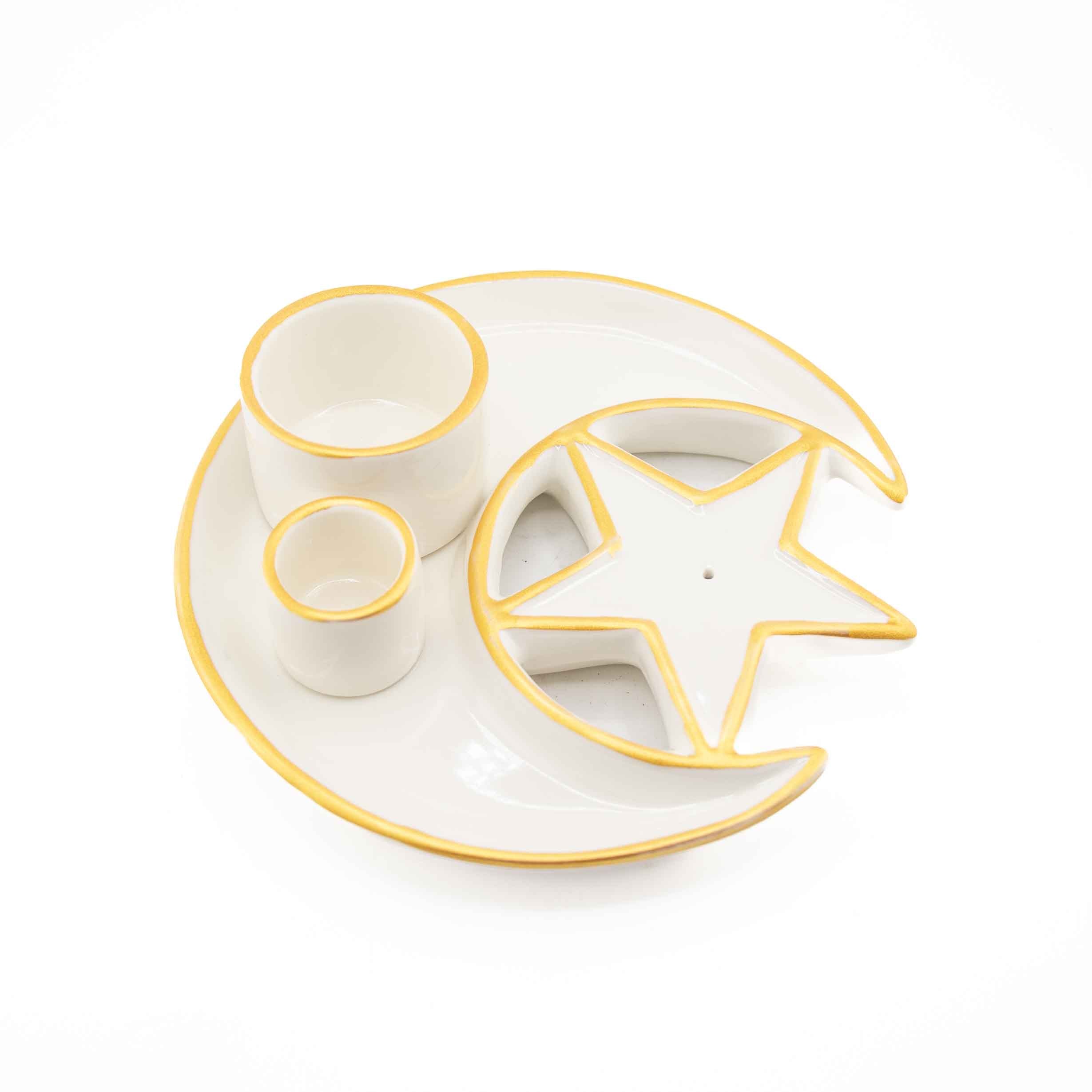 White and gold ceramic crescent moon and star incense burner set, 6", with stick and cone holders on white background.