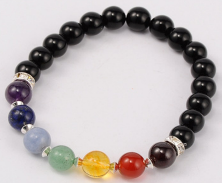 Black Onyx & Chakra Bracelet, 8mm, 5 Pieces in a Pack