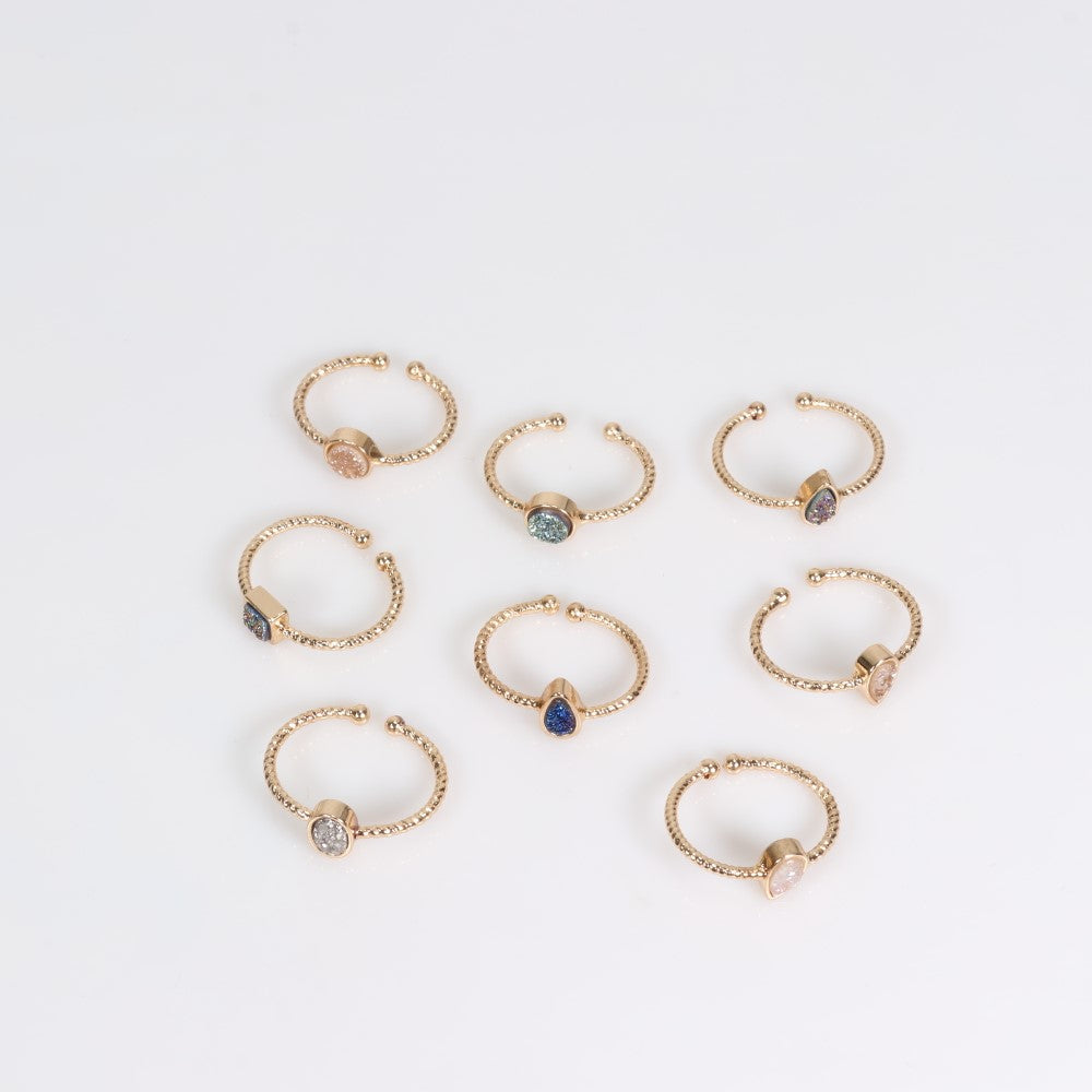 Assorted Stones Mixed Shape Ring, Gold Plated Druzy, Adjustable Size, 10 Pieces in a Pack, #0001
