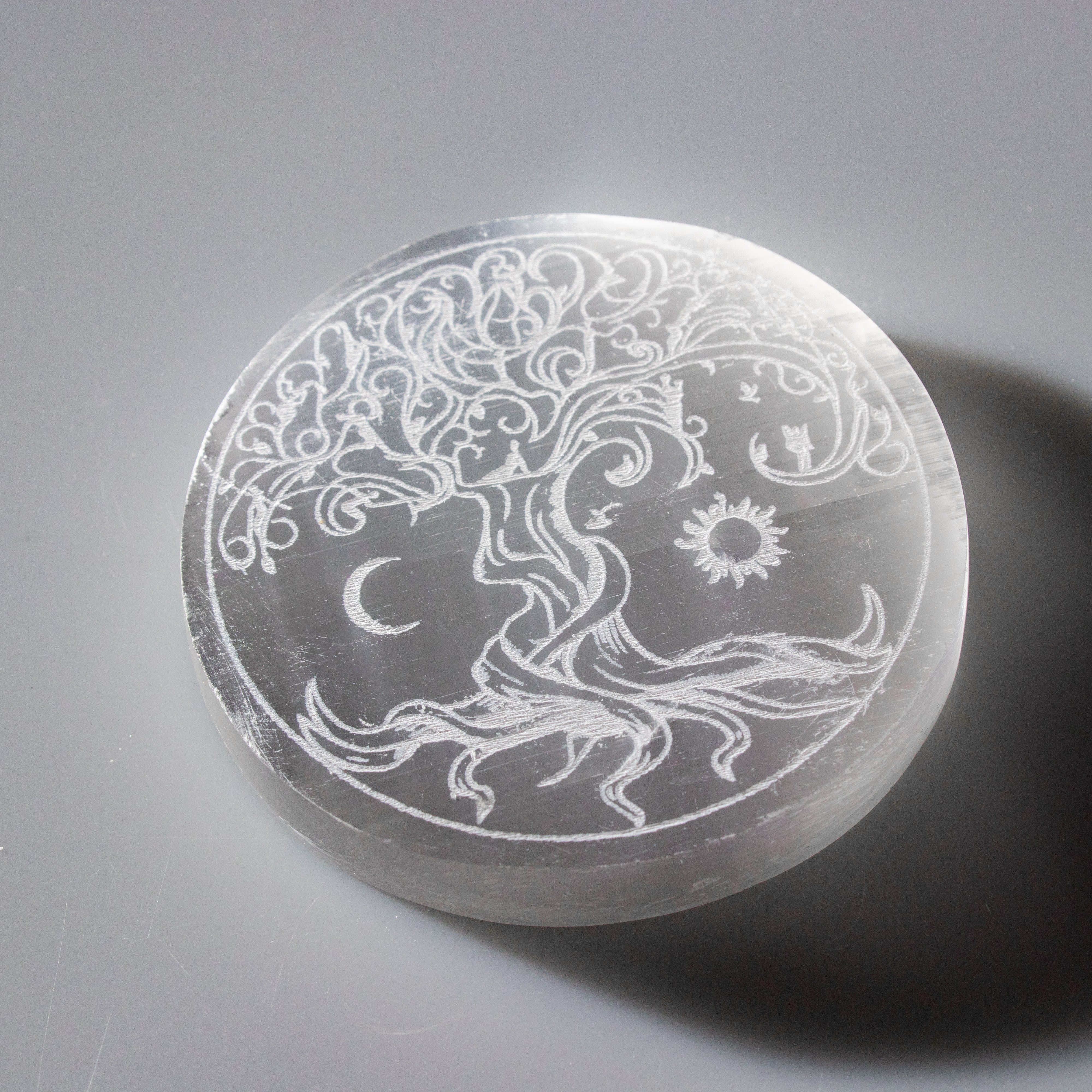 Selenite Engraved Round Tree of Life  Charging Plate, 3" Inch, 1 Piece