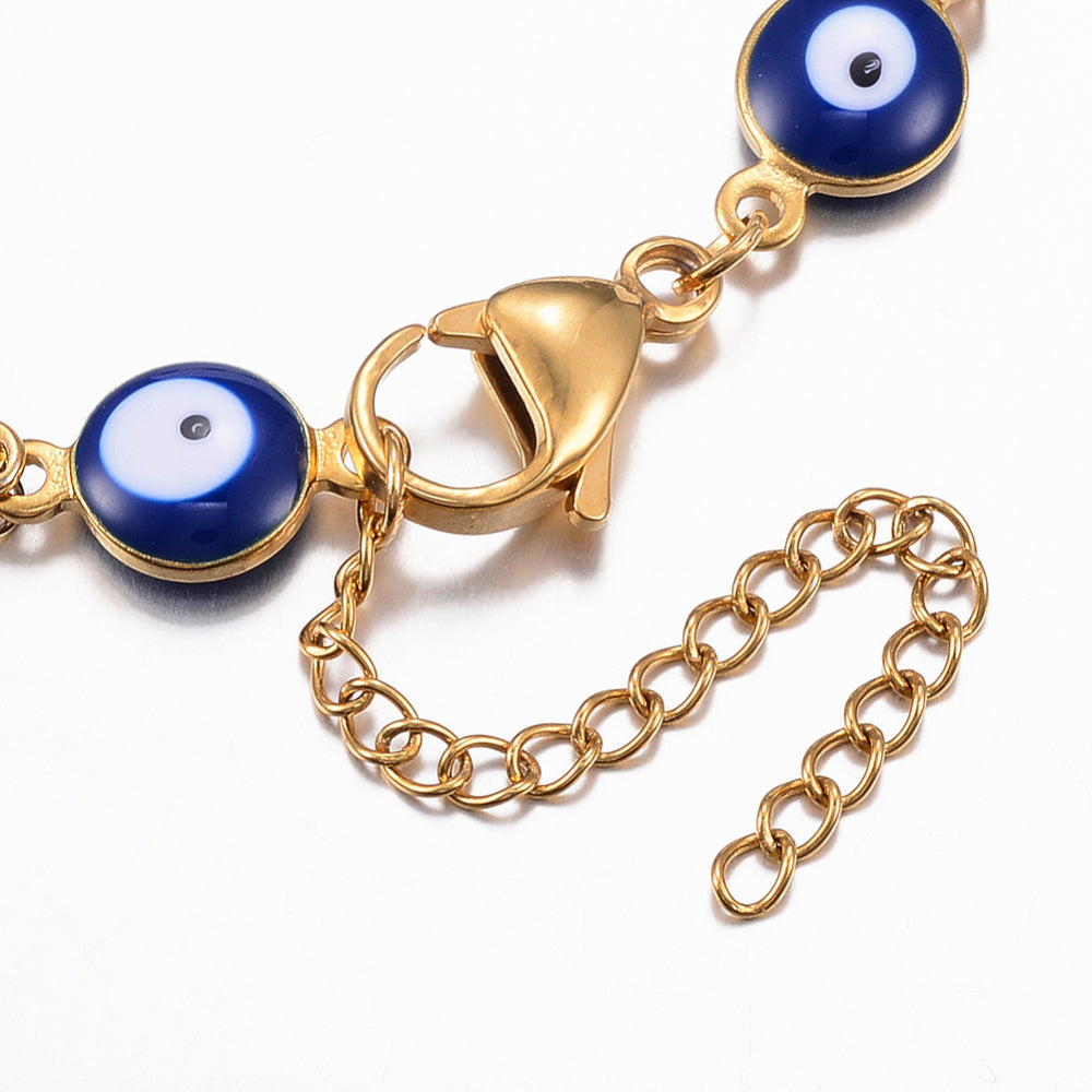 Anklet, Gold Tone with Evil Eye, 304 Stainless Steel, Blue, 5 Pieces in a Pack, #007