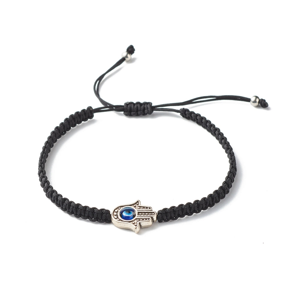 Braided Bracelets, with  Hamsa Hand Alloy, with Evil Eye,  Black Color, Adjustable Braids, 4 mm, 5 Pieces in a Pack #513