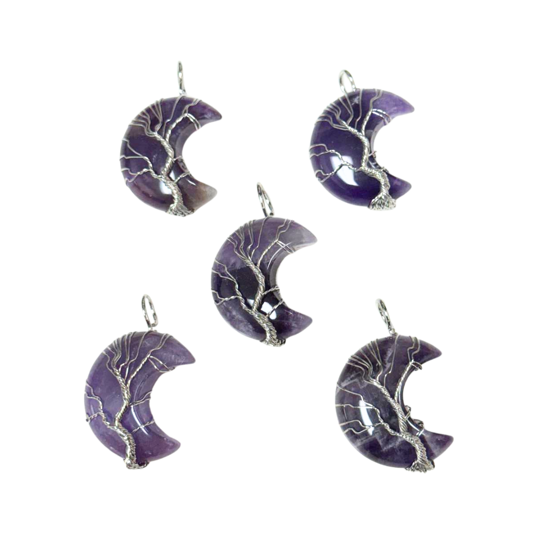 Silver Wrapped Amethyst Moon Shaped Pendants, 5 Pieces in a Pack