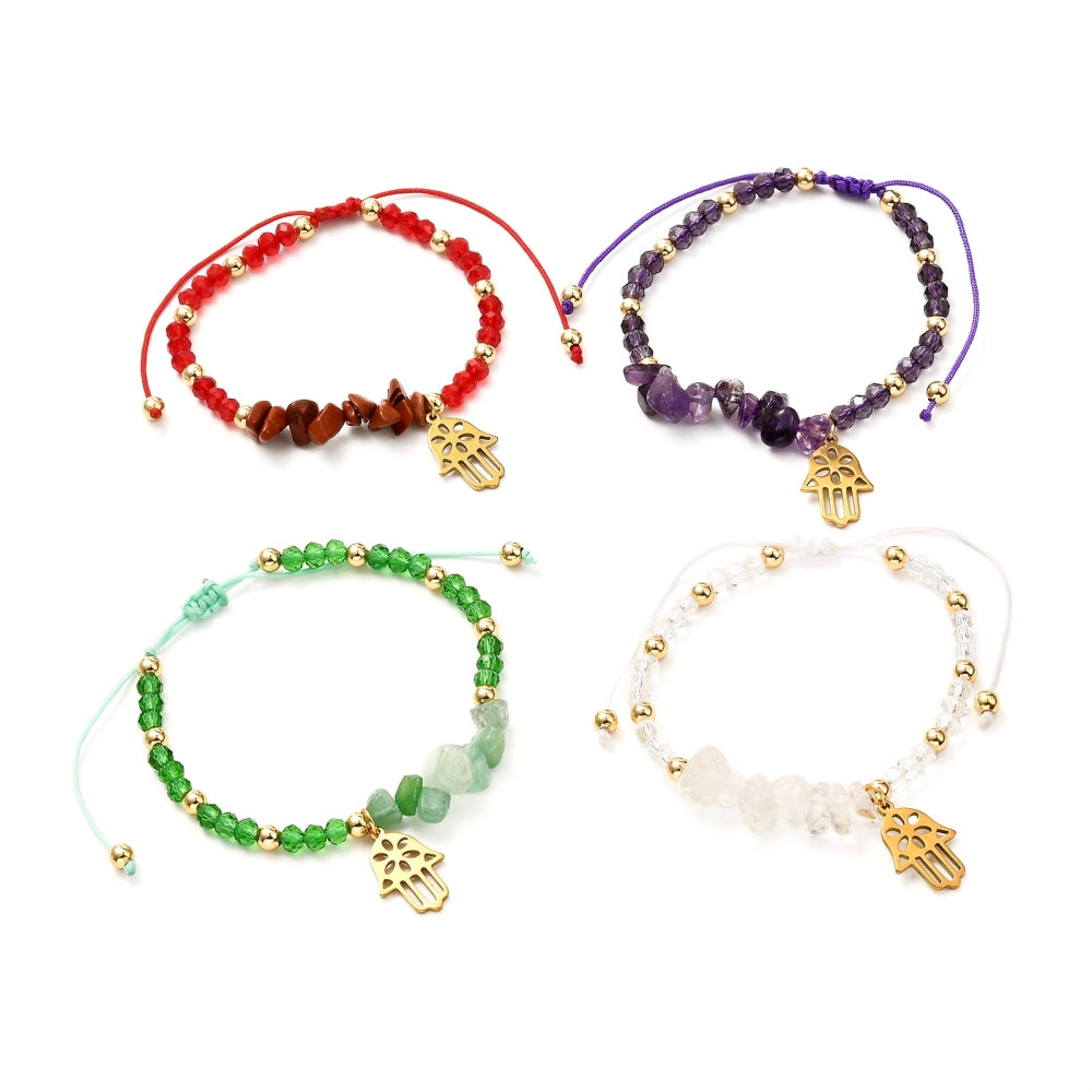 Mix Stones & Hamsa Hand Bracelet, Braided, 10 Pieces in a Pack