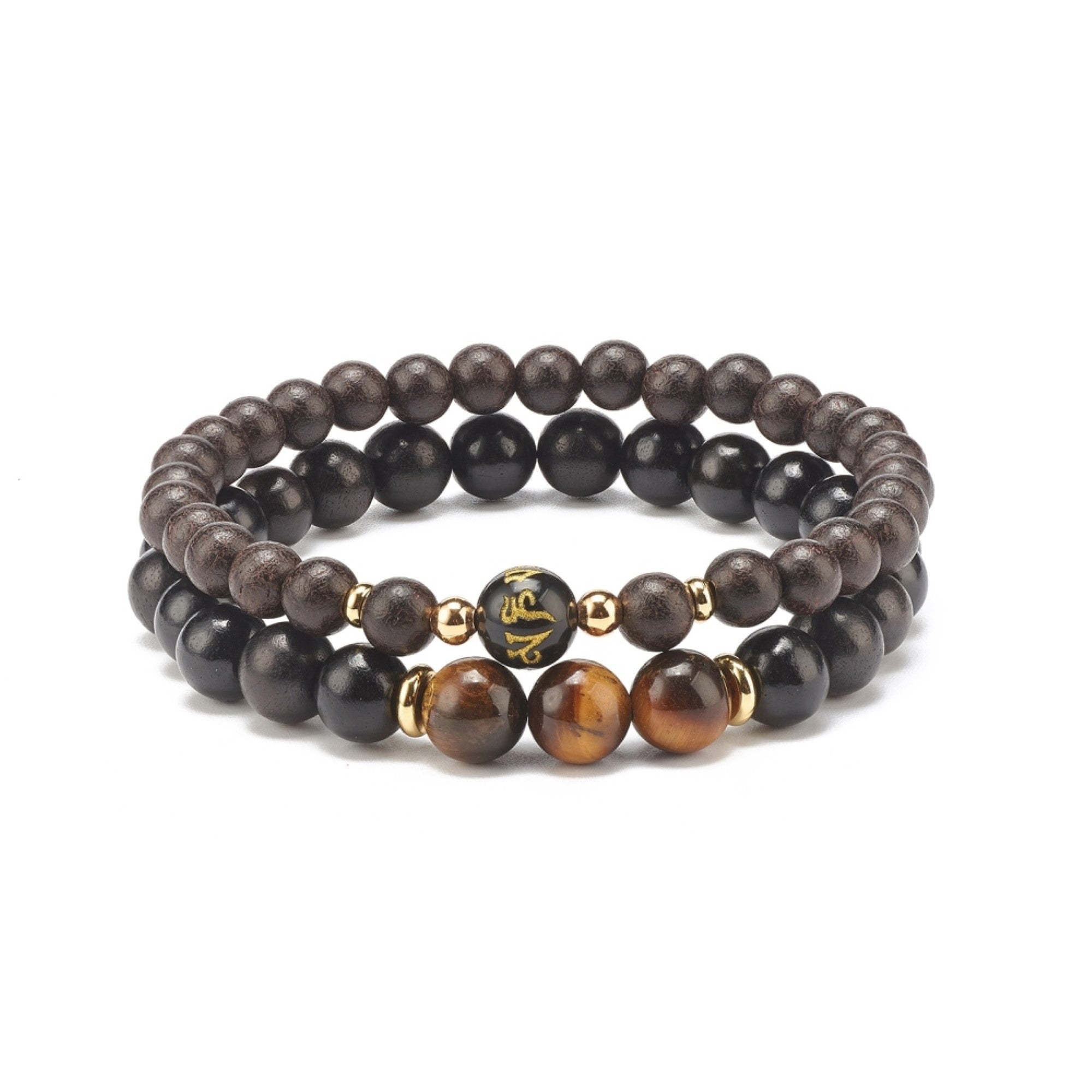 Natural Wood &Tiger Eye Bracelet, with Feng Shui Bead, 8 mm, 5 Sets in a Pack #441