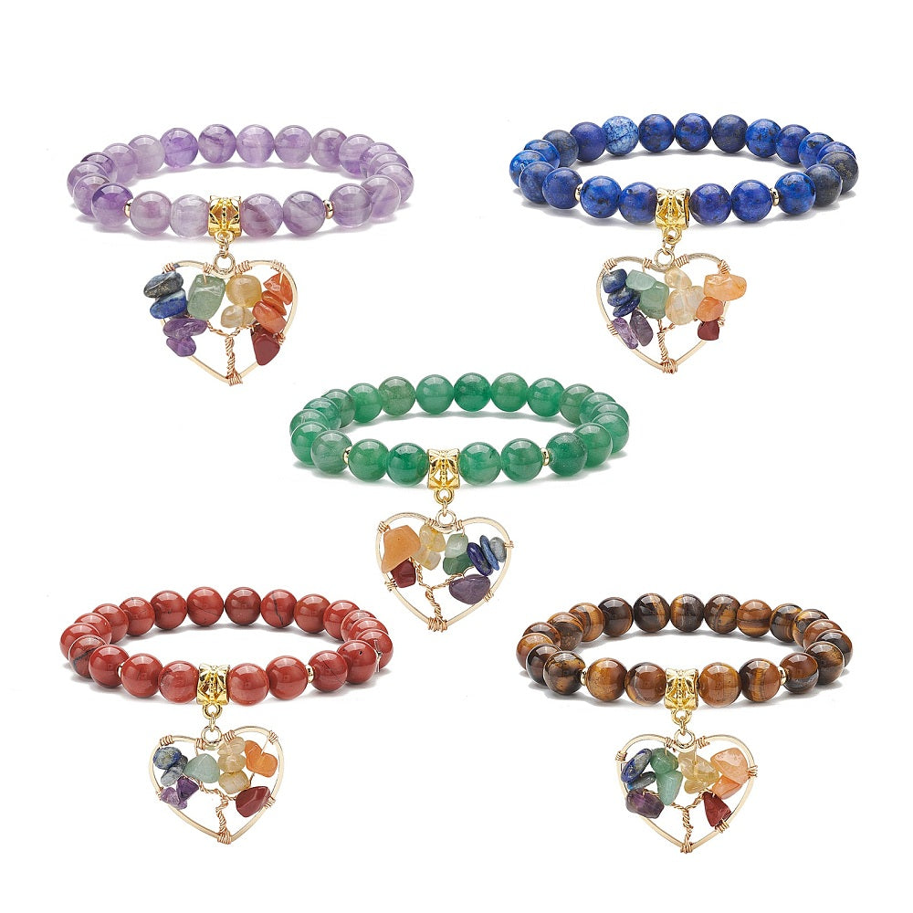 Chakra & Heart Tree Bracelet, 8mm, 5 Pieces in a Pack