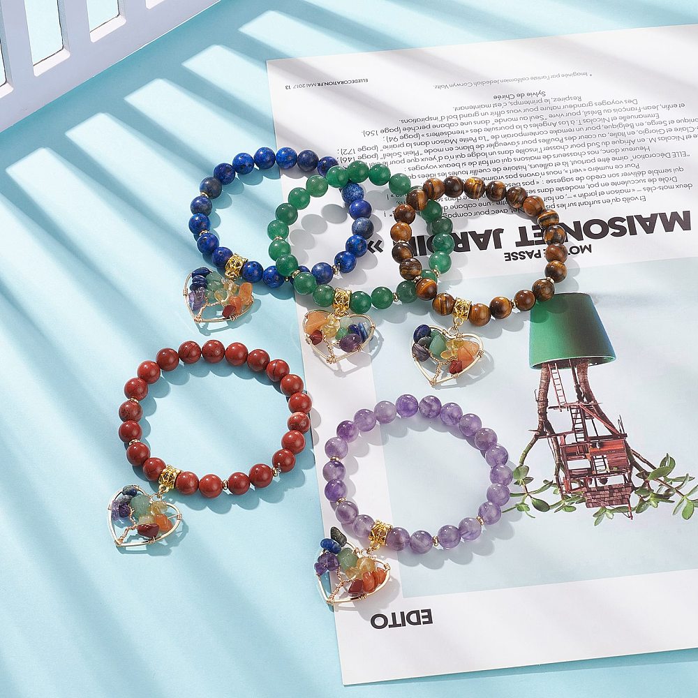 Chakra & Heart Tree Bracelet, 8mm, 5 Pieces in a Pack