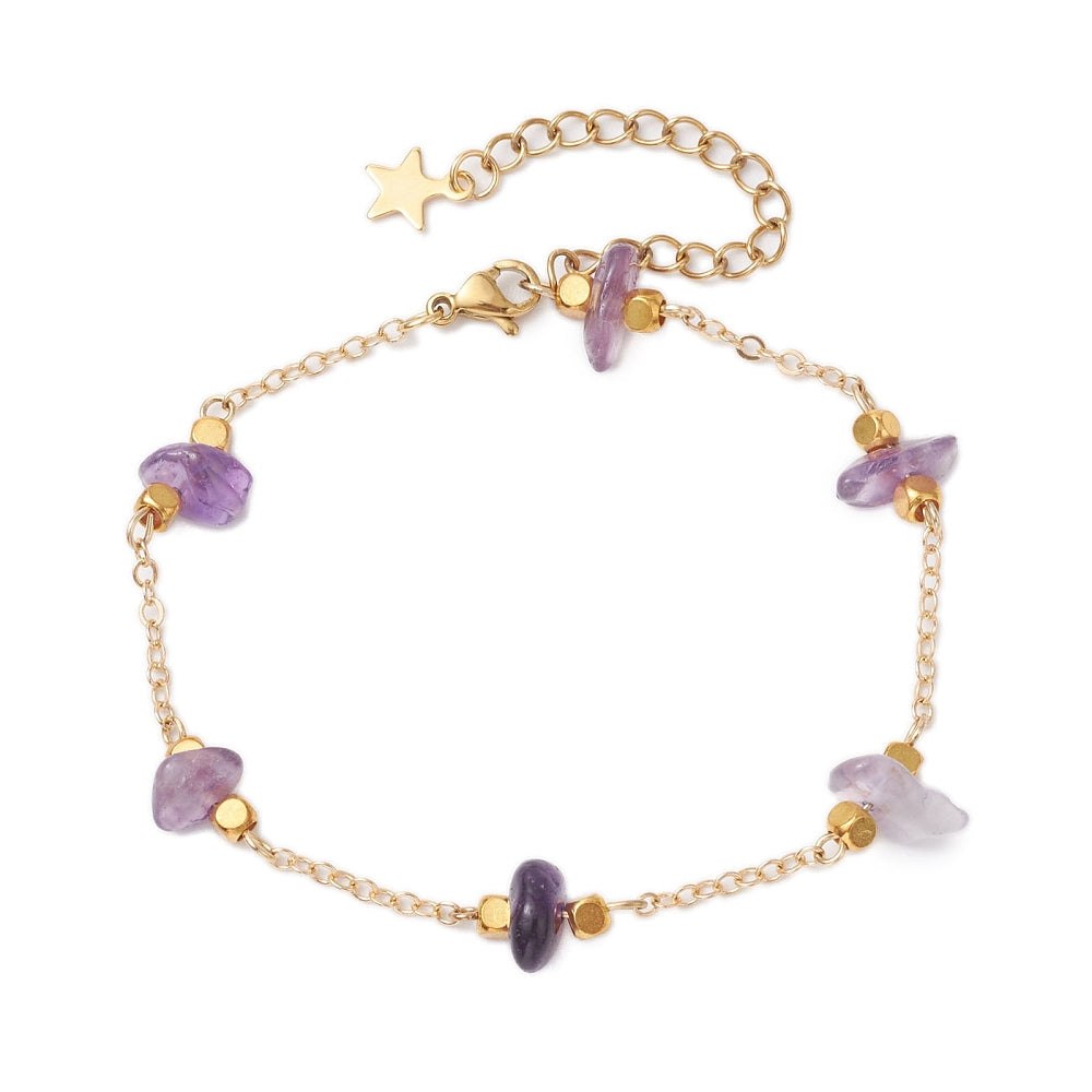 Amethyst w/ Chain Chipped Stone Bracelet, 5 Pieces in a Pack