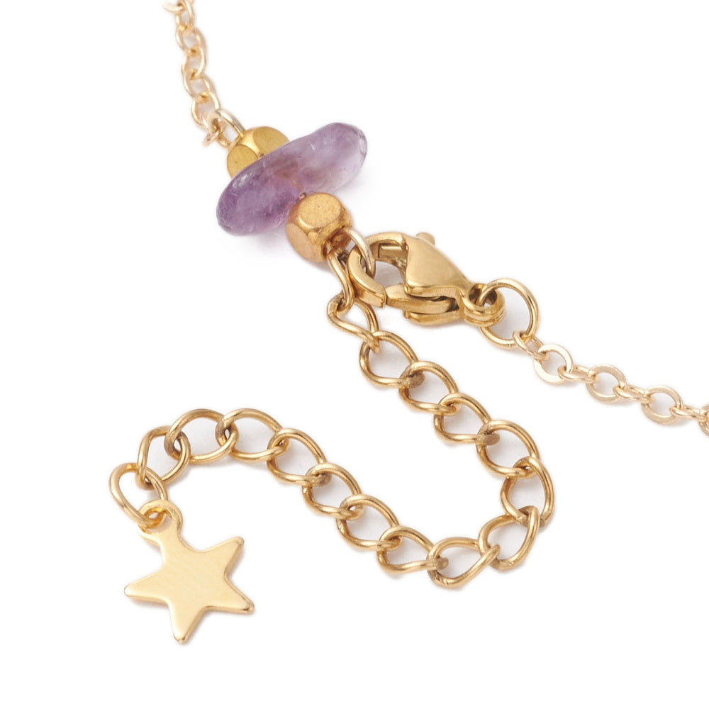 Amethyst w/ Chain Chipped Stone Bracelet, 5 Pieces in a Pack
