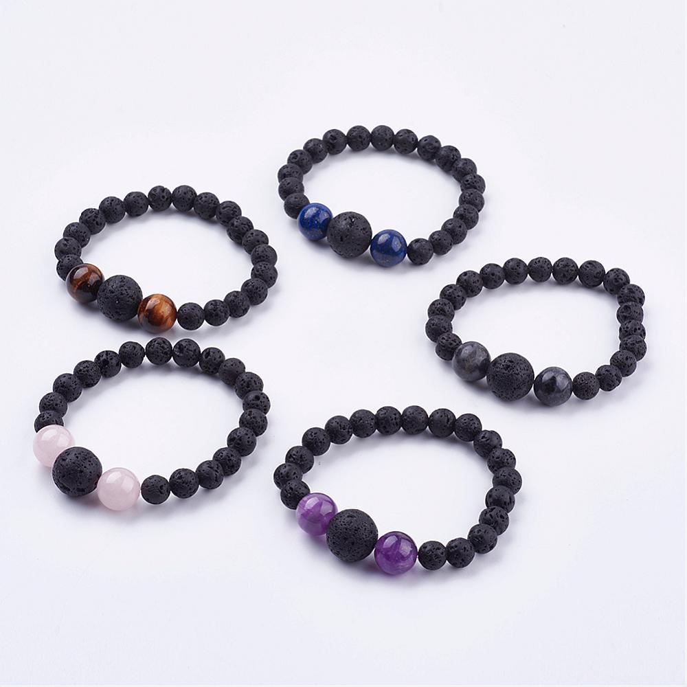 Natural Lava Stone 8mm-12 mm and Natural Mix Gem Stones 10mm Bracelet, No Metal, 5 Pieces in a Pack, #166