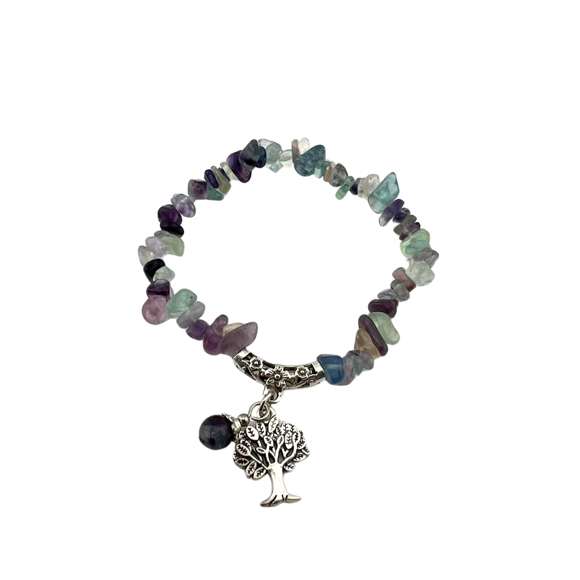 Flourite Chip Stone Bracelet, with Tree of Life Charm, Silver Color, 5 Pieces in a Pack #064