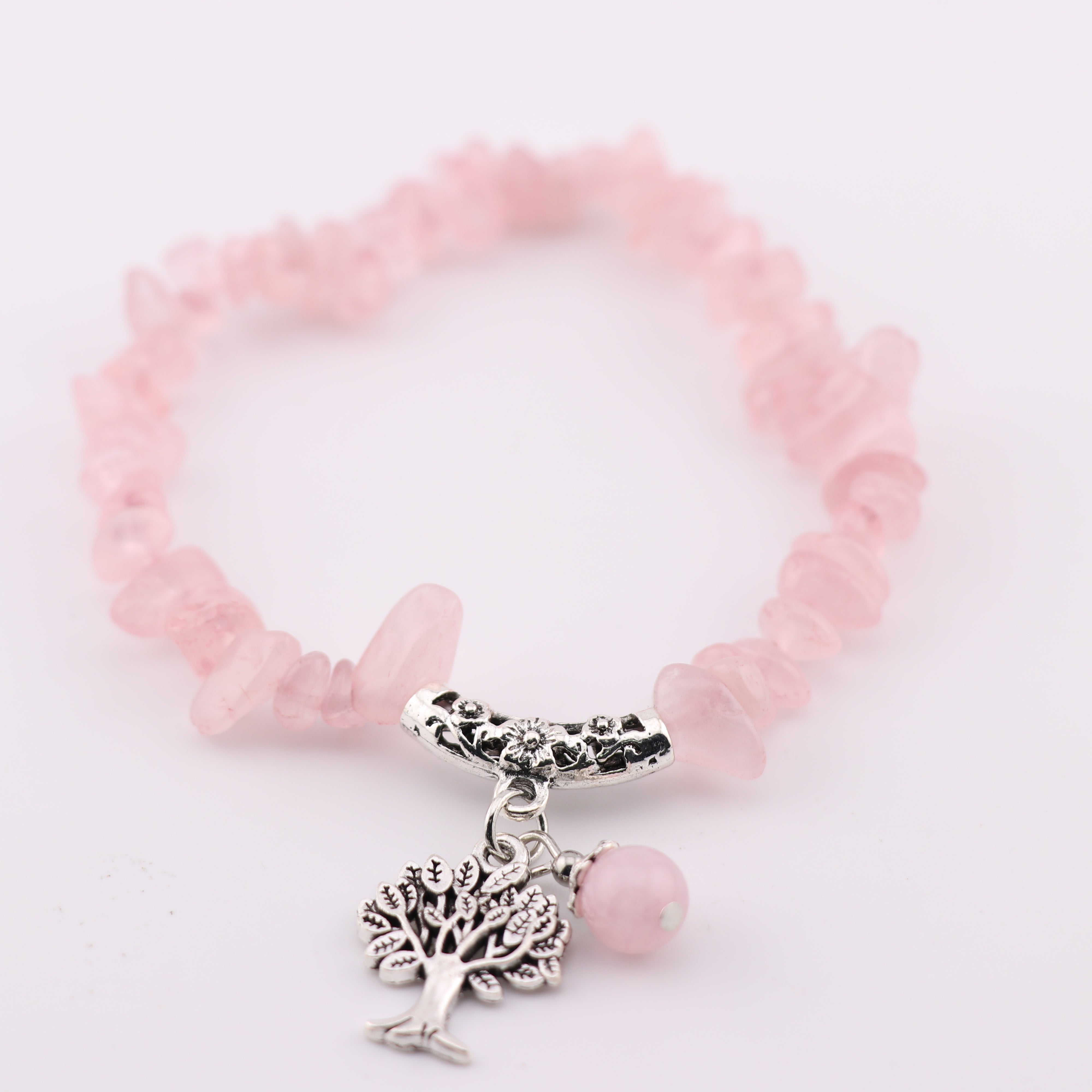 Rose Quartz Chip Stone Bracelet, with Tree of Life Charm, Silver Color