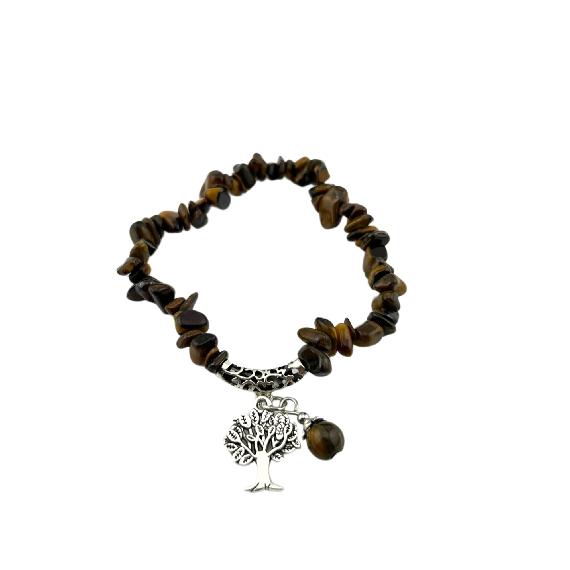 Tiger Eye Chip Stone Bracelet, with Tree of Life Charm, Silver Color, 5 Pieces in a Pack #064