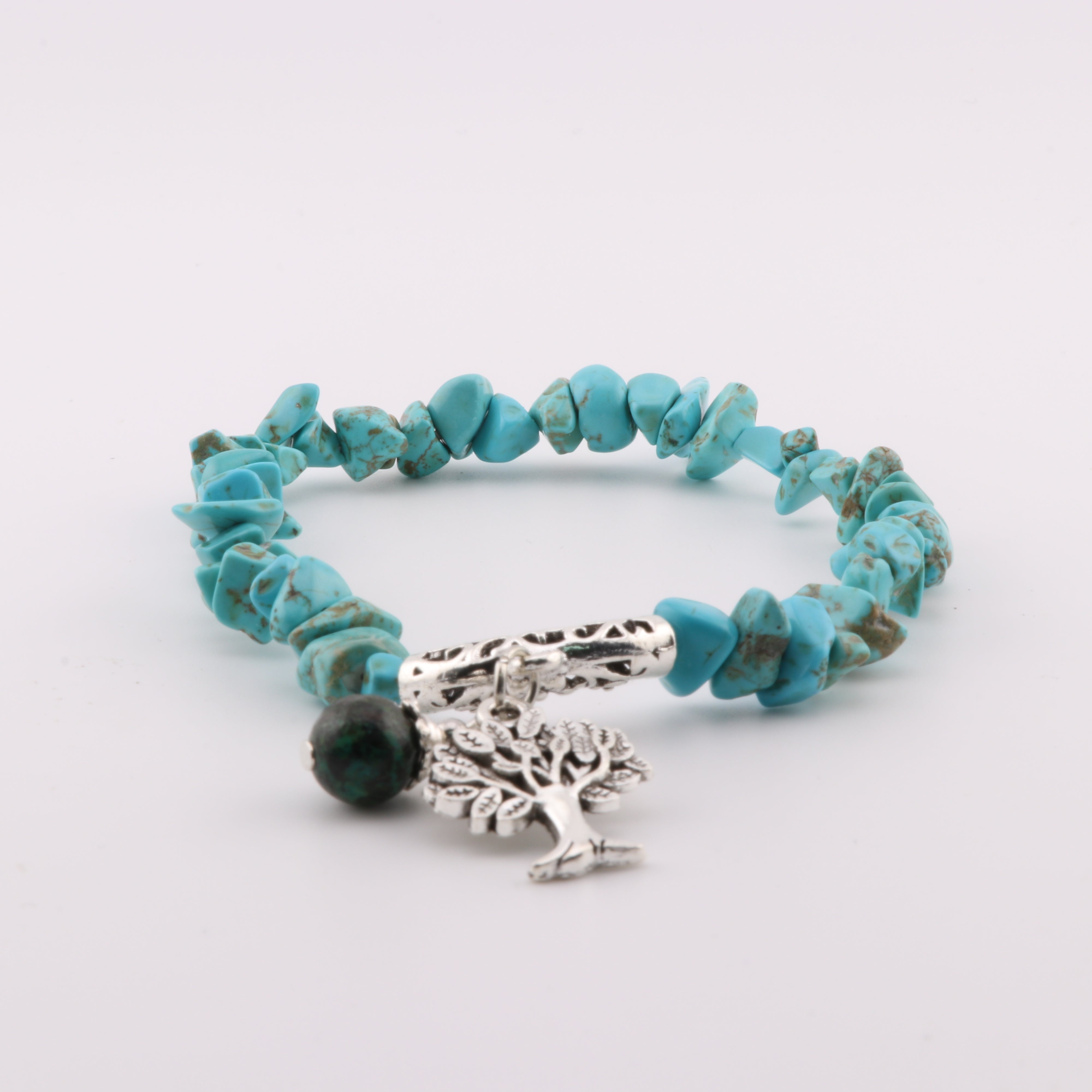 Turquoise Chip Stone Bracelet, with Tree of Life Charm, Silver Color, 5 Pieces in a Pack #064