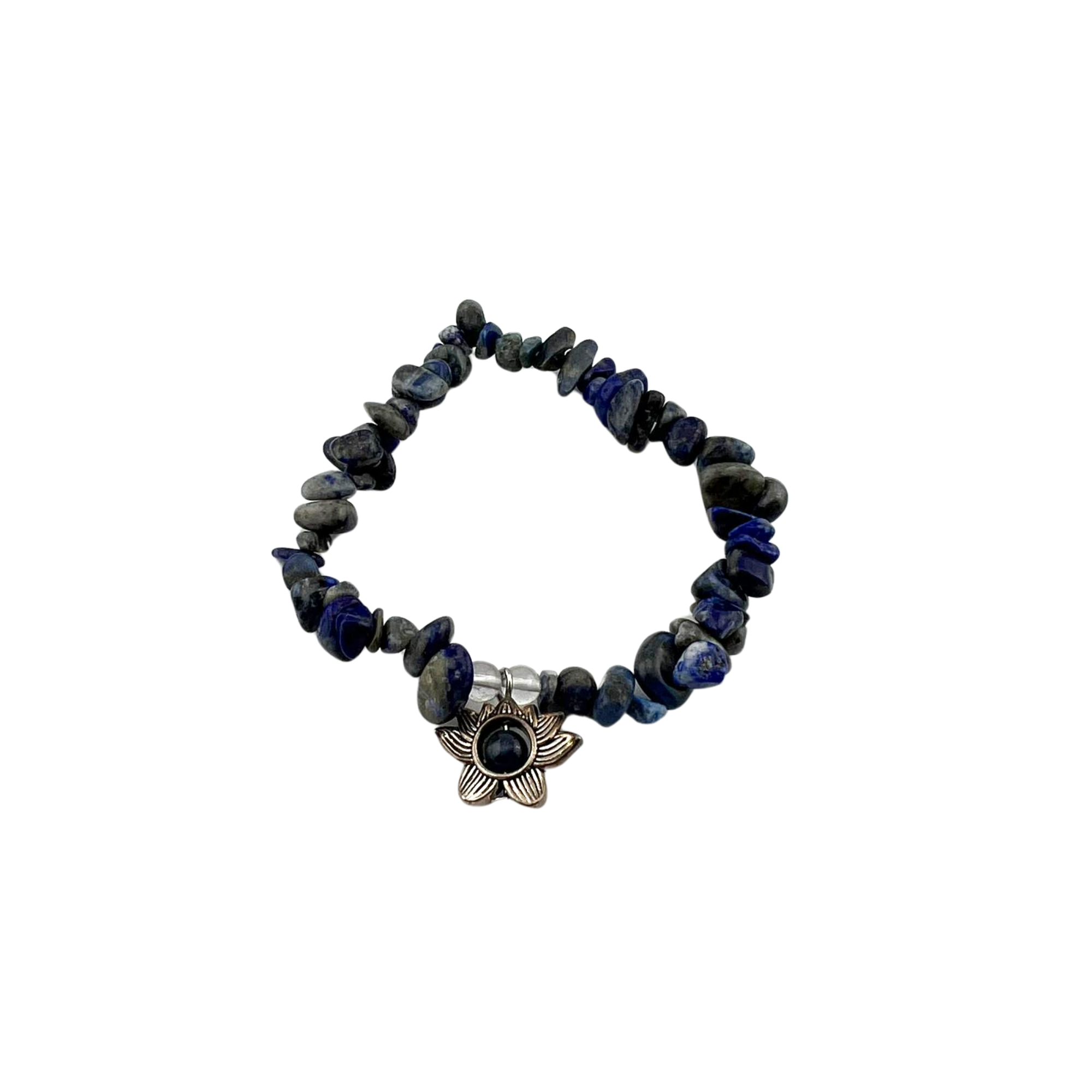 Sodalite Chip Stone Bracelet, with Flower Charm, Silver Color, 5 Pieces in a Pack #072