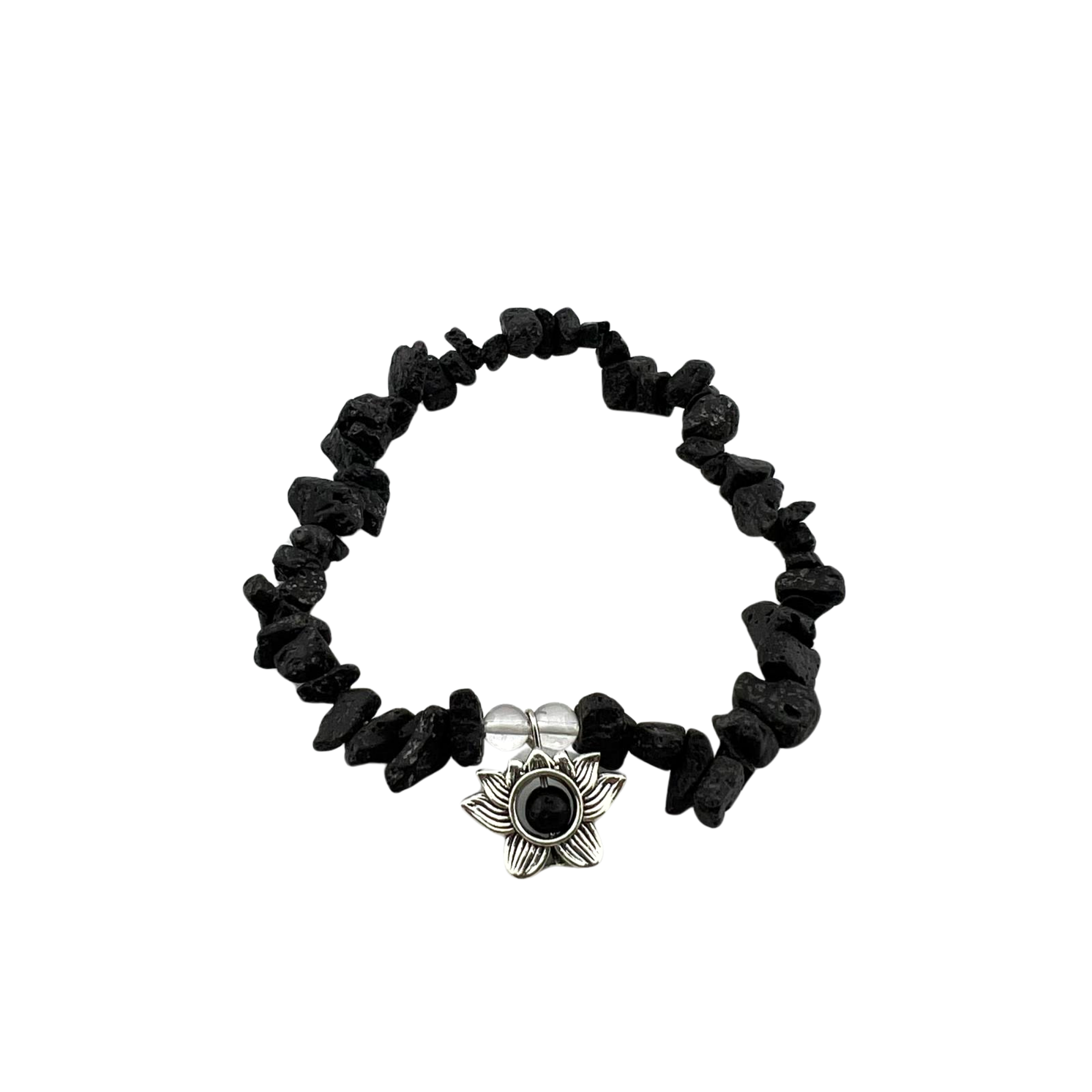 Lava Stone Chip Stone Bracelet, with Flower Charm, Silver Color, 5 Pieces in a Pack #071