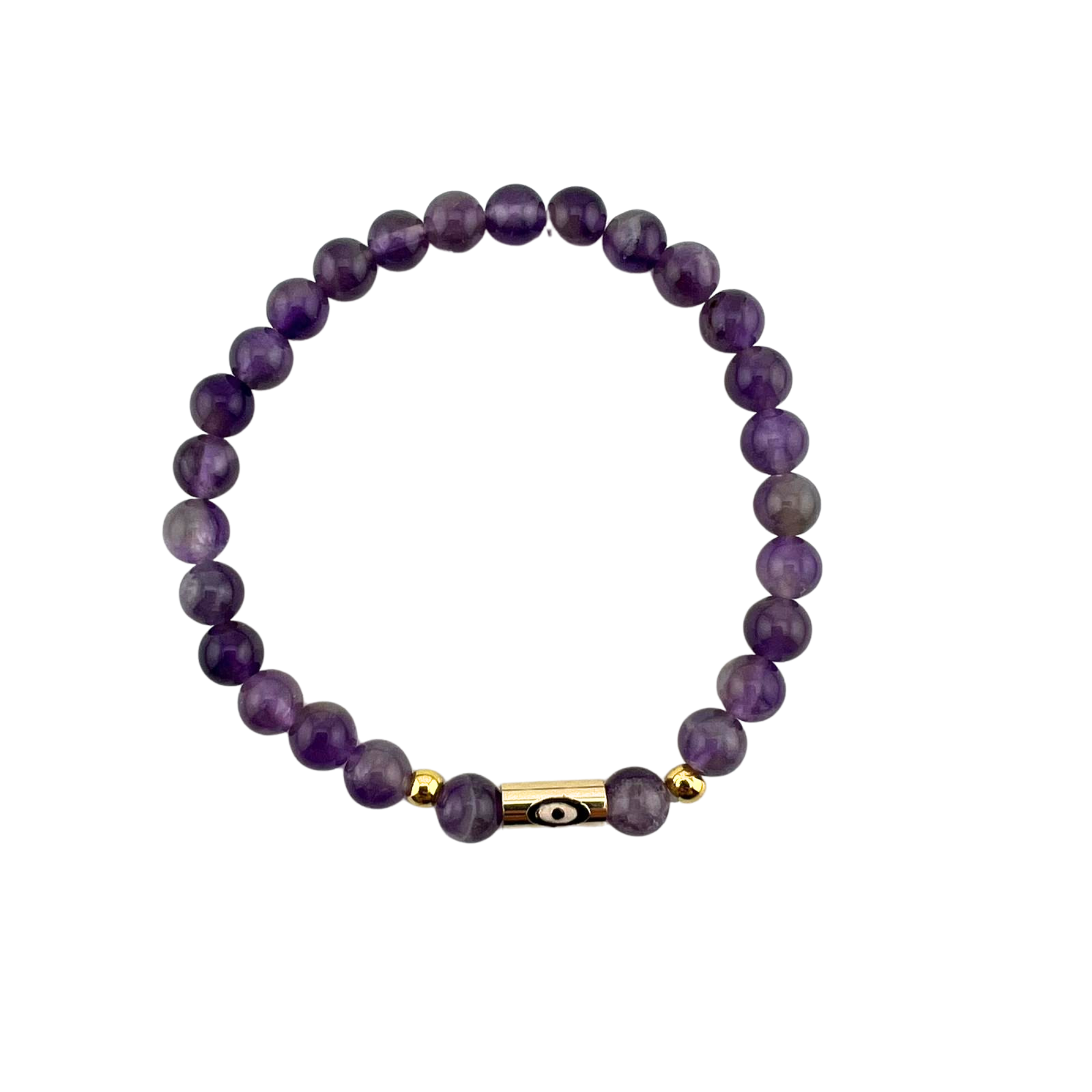 Amethyst Bracelet, with Evil Eye Alloy, Gold Color, 6 mm, 5 Pieces in a Pack #570