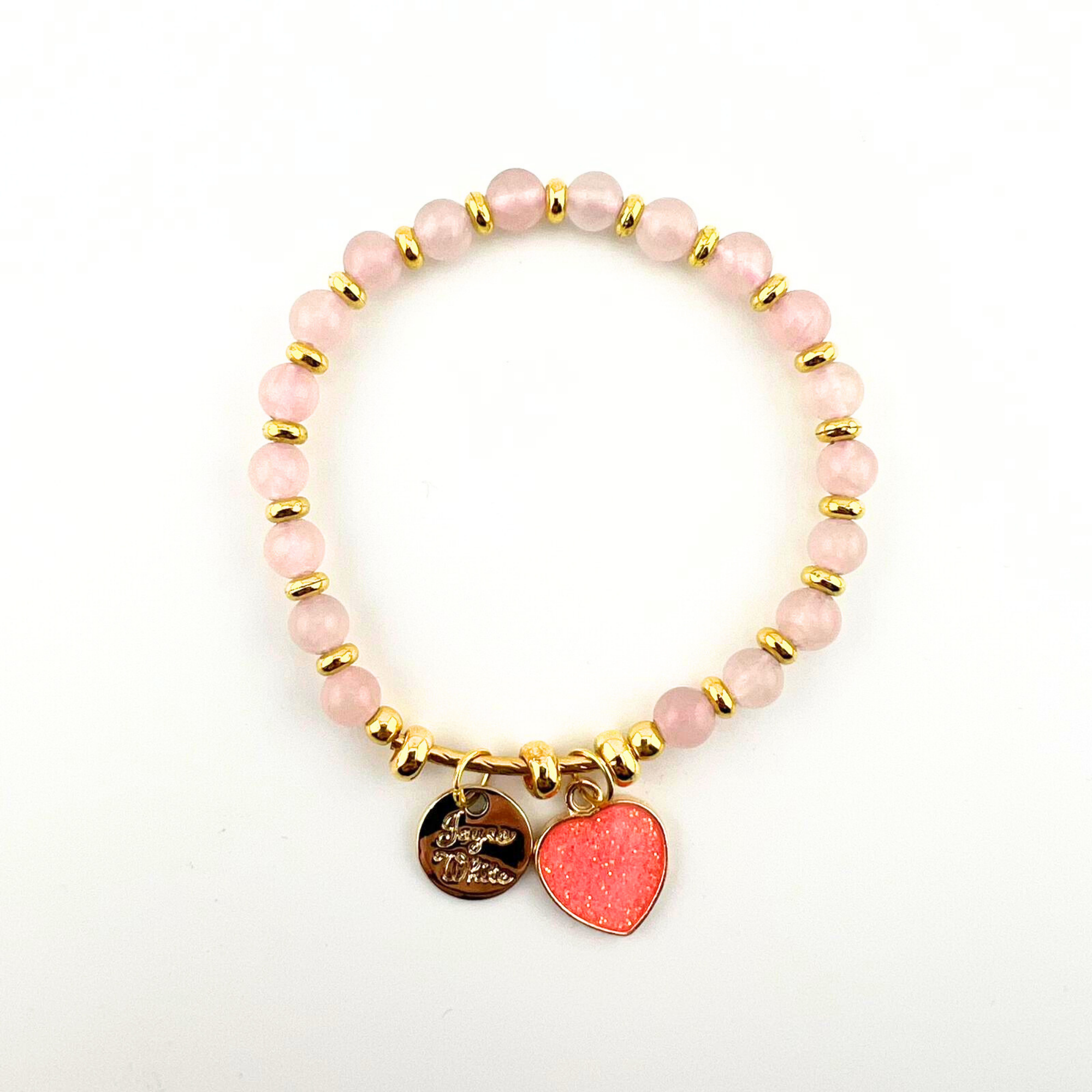 Rose Quartz Bracelet, with Heart Charm, Gold Color, 6 mm, 5 Pieces in a Pack #0530