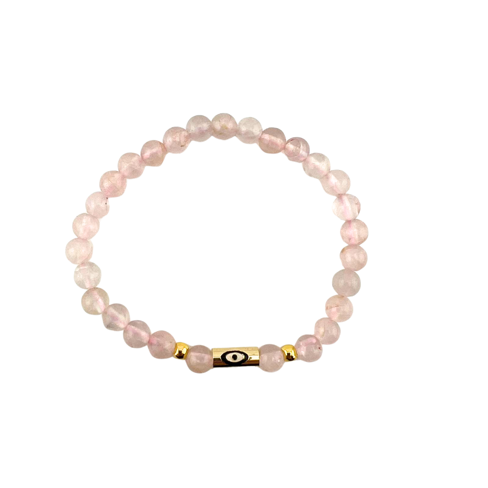 Rose Quartz Bracelet, with Evil Eye Alloy, Gold Color, 6 mm,  5 Pieces in a Pack #572