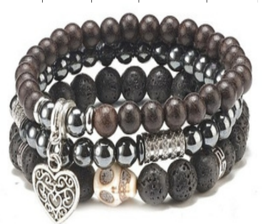 Lava Stone & Hematite & Coconut Beads Bracelet, with Heart Charm, with Skull Alloy, 8 mm, 5 Sets in a Pack #519