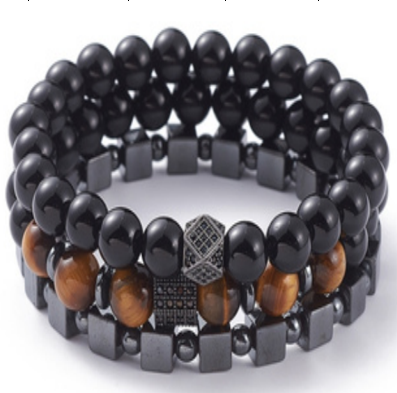 Black Obsidian & Tiger Eye & Hematite Bracelet, with Cubic Alloy, with Copper Accessories, 8 mm, 5 Sets in a Pack #524