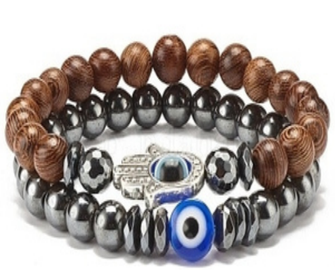 Wenge Wood & Hematite Set Bracelet, 8mm, 5 Sets in a Pack