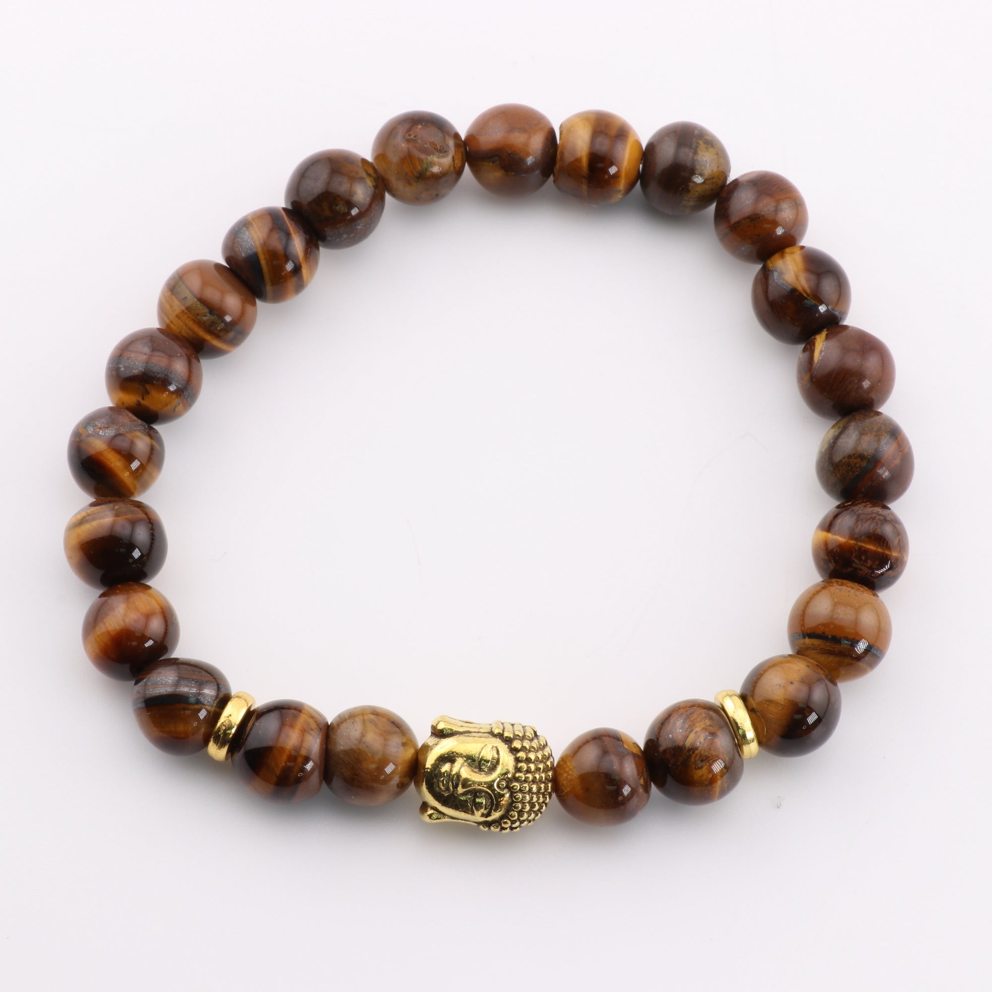 Tiger Eye Bracelet, with Buddha Head Alloy, Gold Color, 8mm, 5 Pieces in a Pack #514