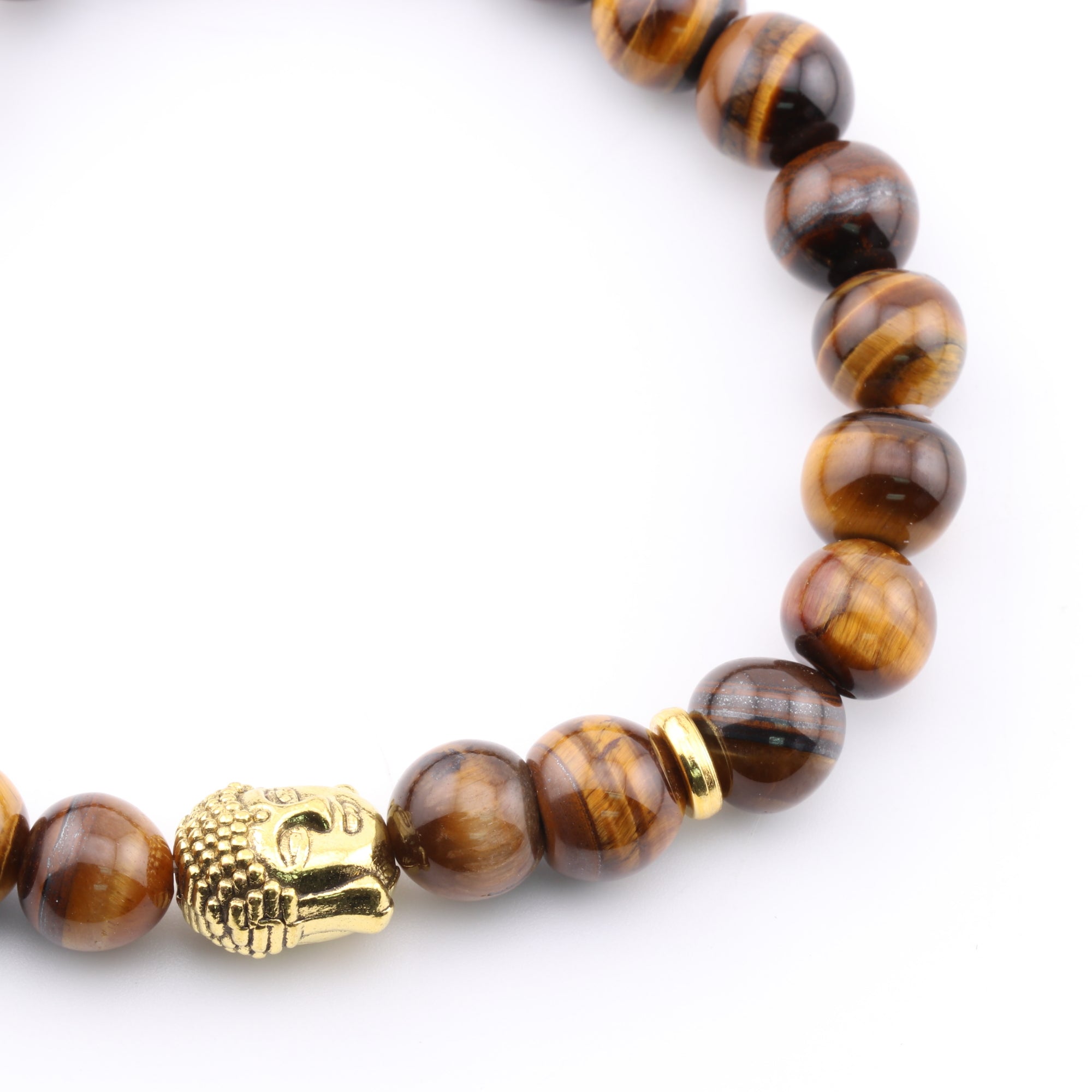 Tiger Eye Bracelet, with Buddha Head Alloy, Gold Color, 8mm, 5 Pieces in a Pack #514