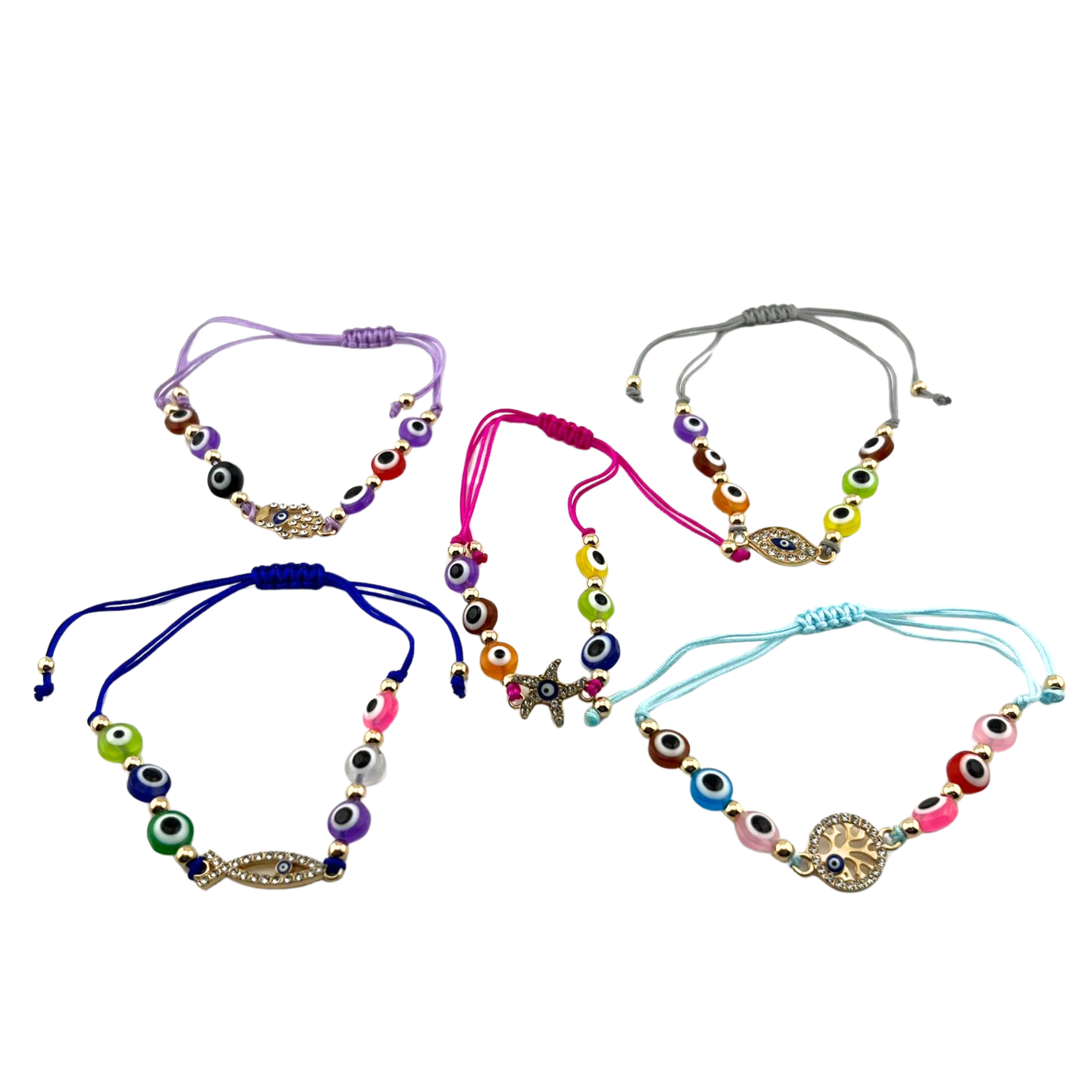 Braided Bracelets with  Mix Color Evil Eye Glass Beads,with Mix Figure Alloys, Adjustable Braids,  8mm, 5 Pieces in a Pack #576