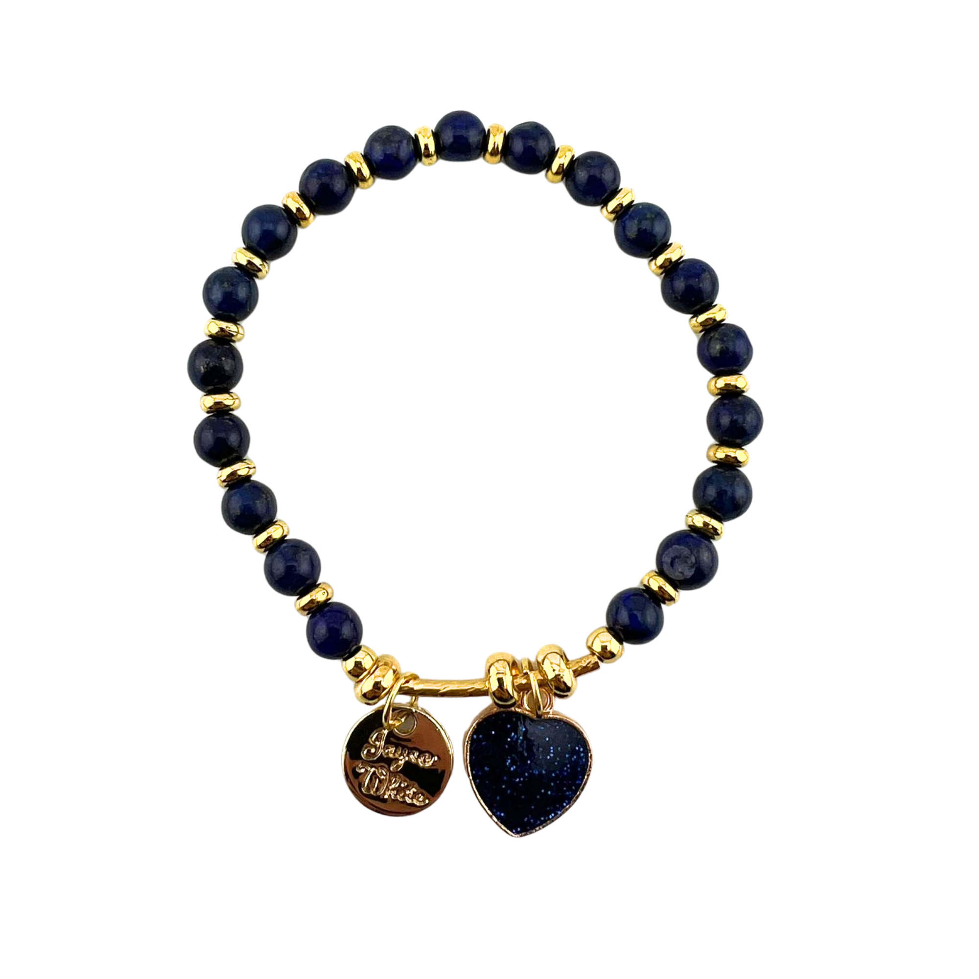 Lapis Lazuli Bracelet, with Heart Charm, Gold Color, 6 mm, 5 Pieces in a Pack #0529